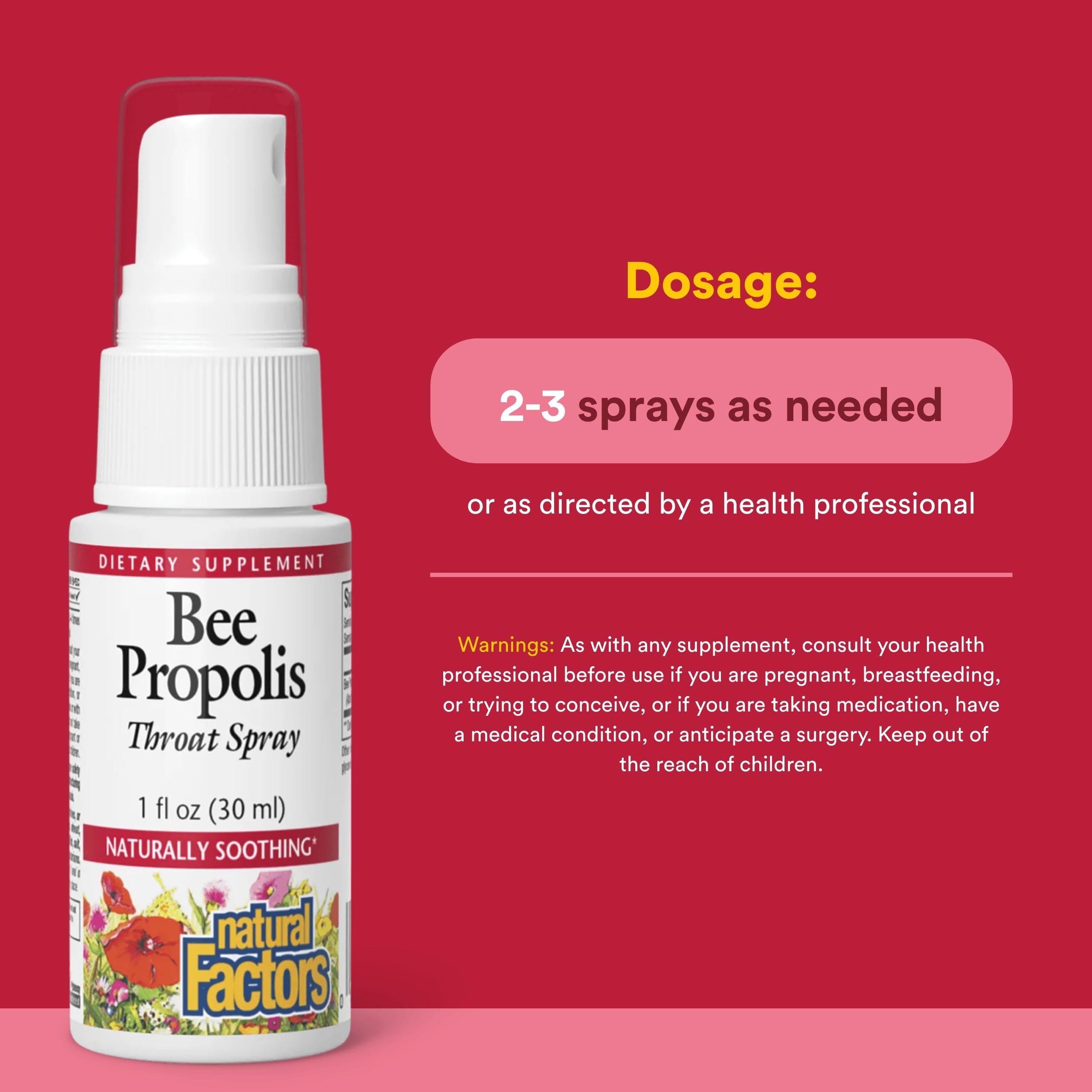 Natural Factors Propolis gorge spray - étiquette détaillant ingrédients et usages potentiels.