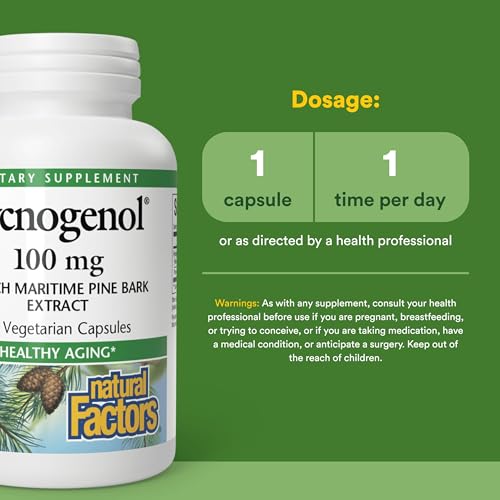 Natural Factors Pycnogenol – capsule en gros plan, vue rapprochée de la forme vegan.