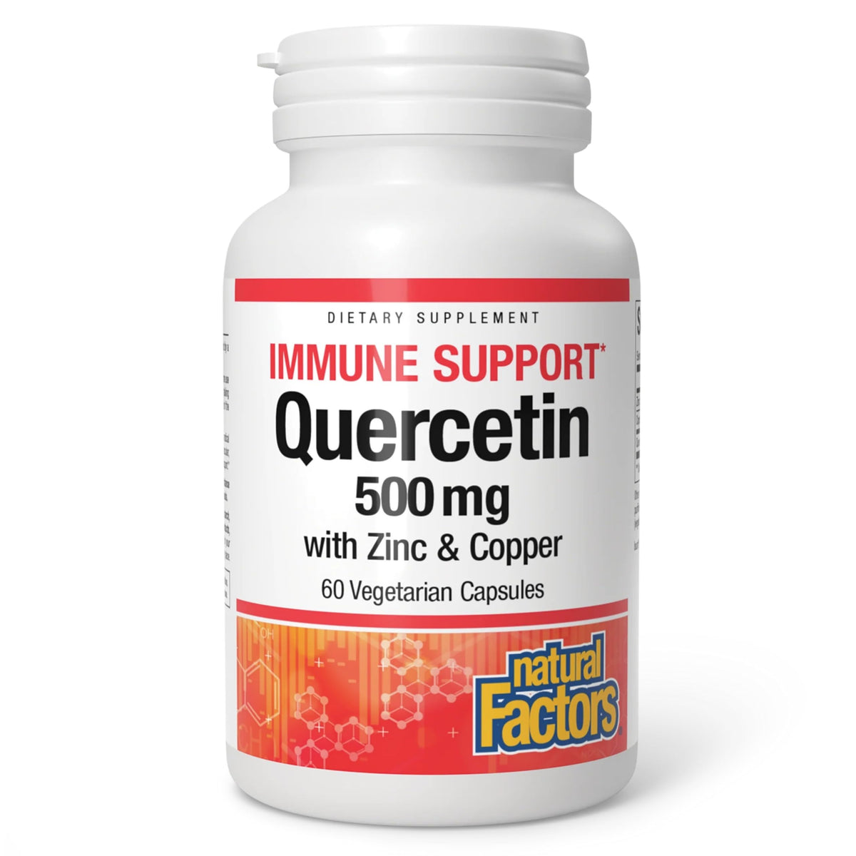 Natural Factors Quercétine zinc cuivre – bouteille visible, soutien antioxydant potentiel pour l'immunité.