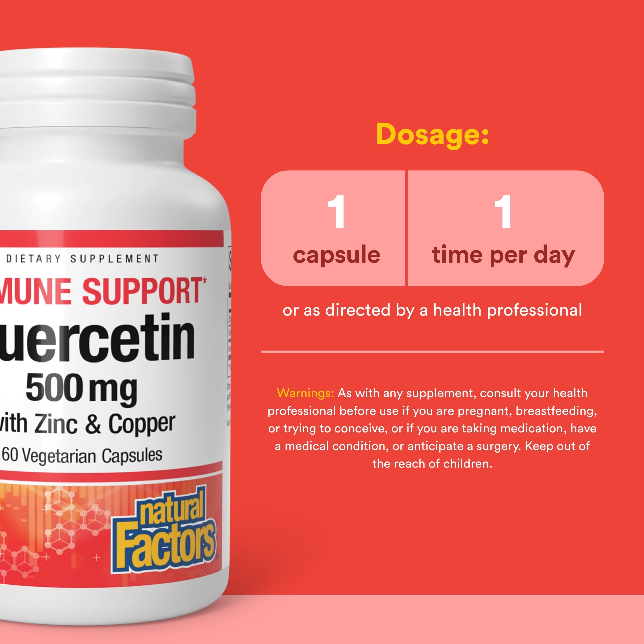 Natural Factors Quercétine zinc cuivre – étiquette claire, ingrédients et bénéfices potentiels.