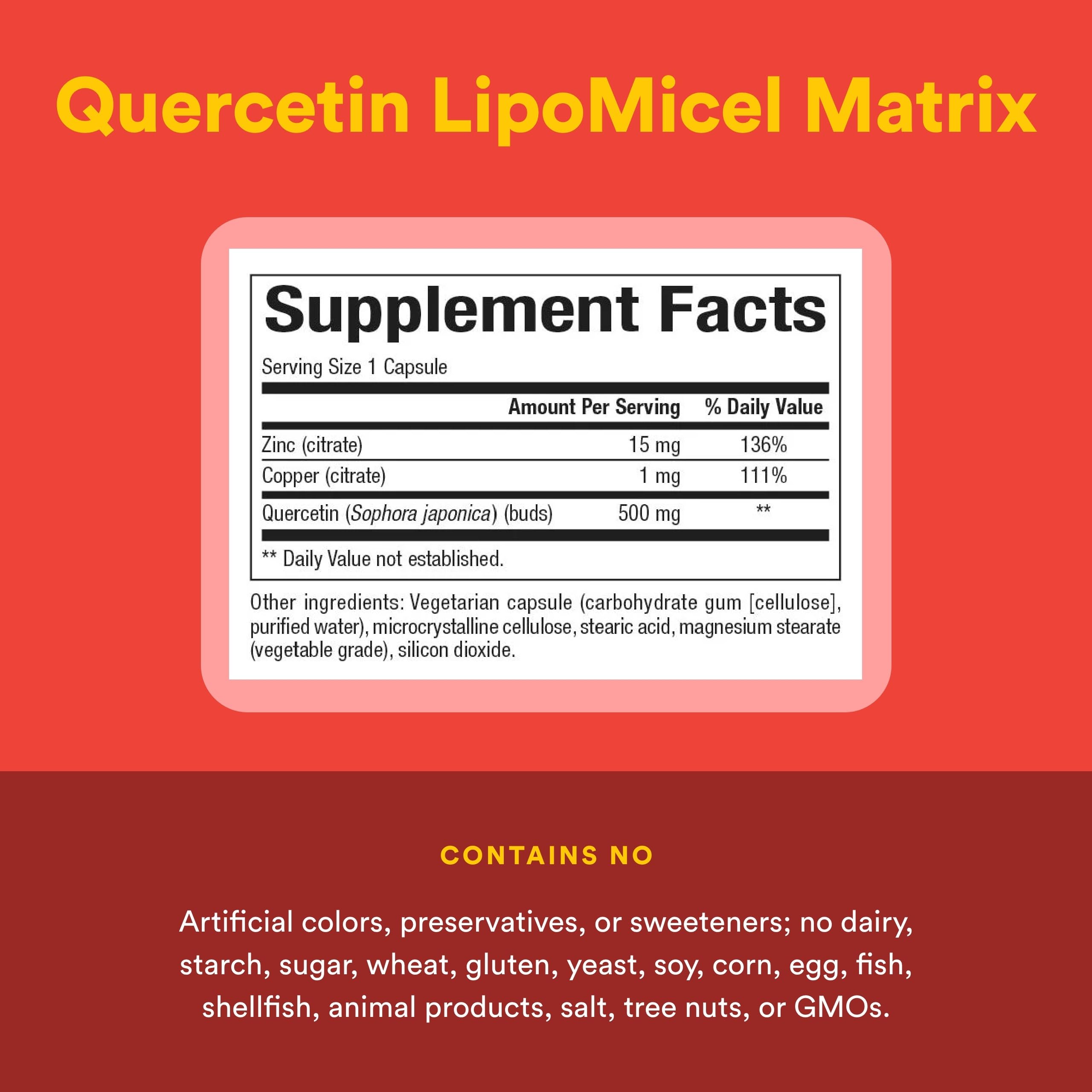 Natural Factors Quercétine zinc cuivre – tableau nutritionnel informatif pour les minéraux.