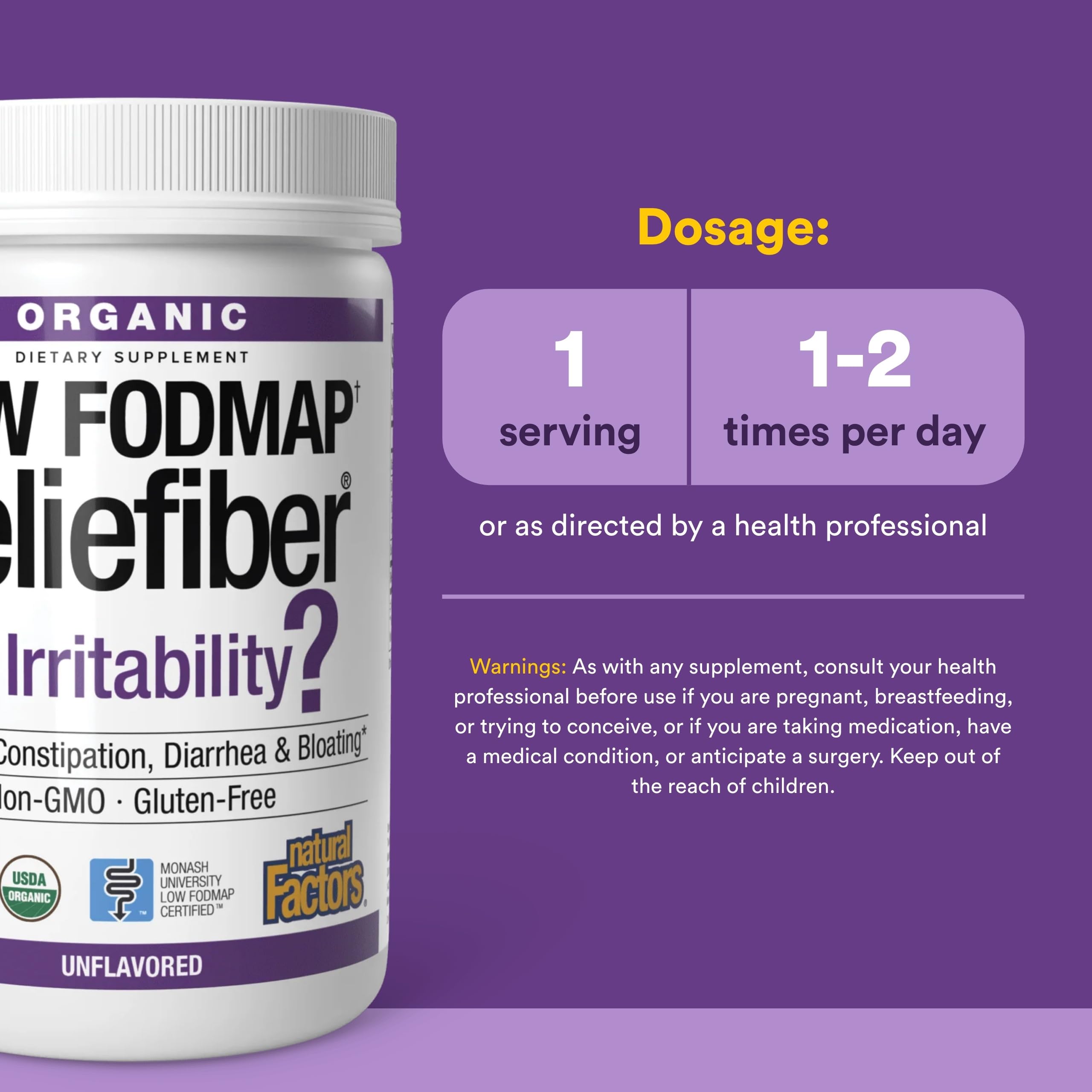 Relieffiber Natural Factors, melange-eau, dissolution rapide dans l'eau.
