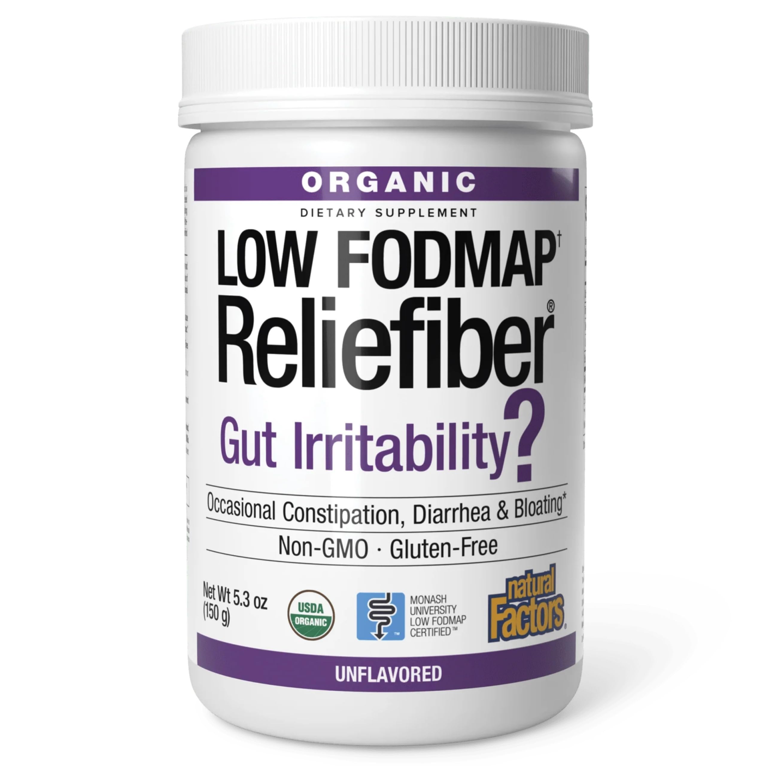 Reliefiber Natural Factors, poudre-bouteille, soutien digestif quotidien.