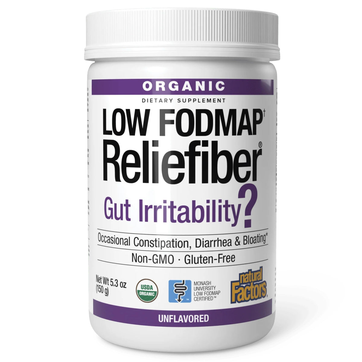 Reliefiber Natural Factors, poudre-bouteille, soutien digestif quotidien.