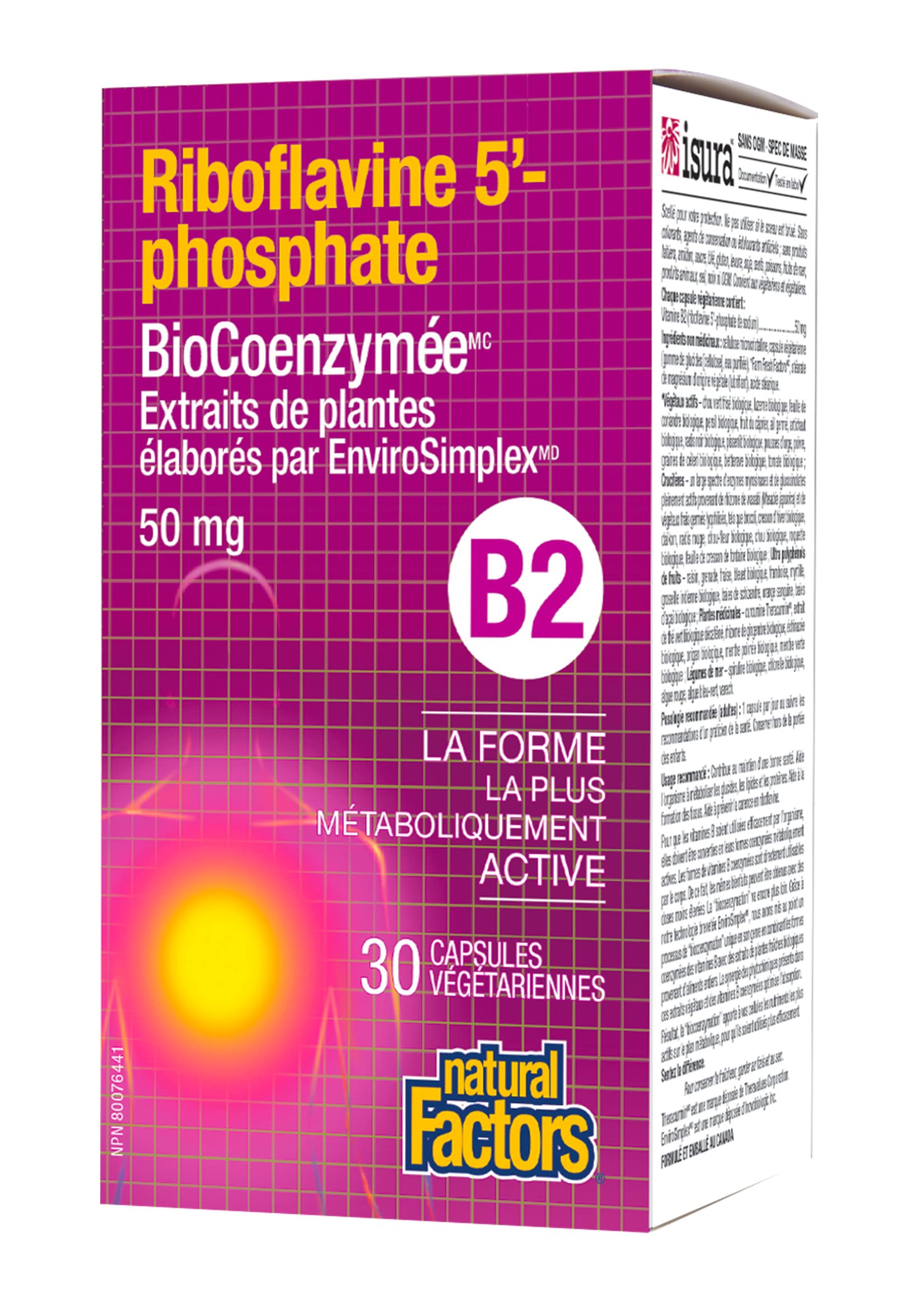 Natural Factors Riboflavine-5'-phosphate 50 mg, bouteille et étiquette claires pour utilisation simple