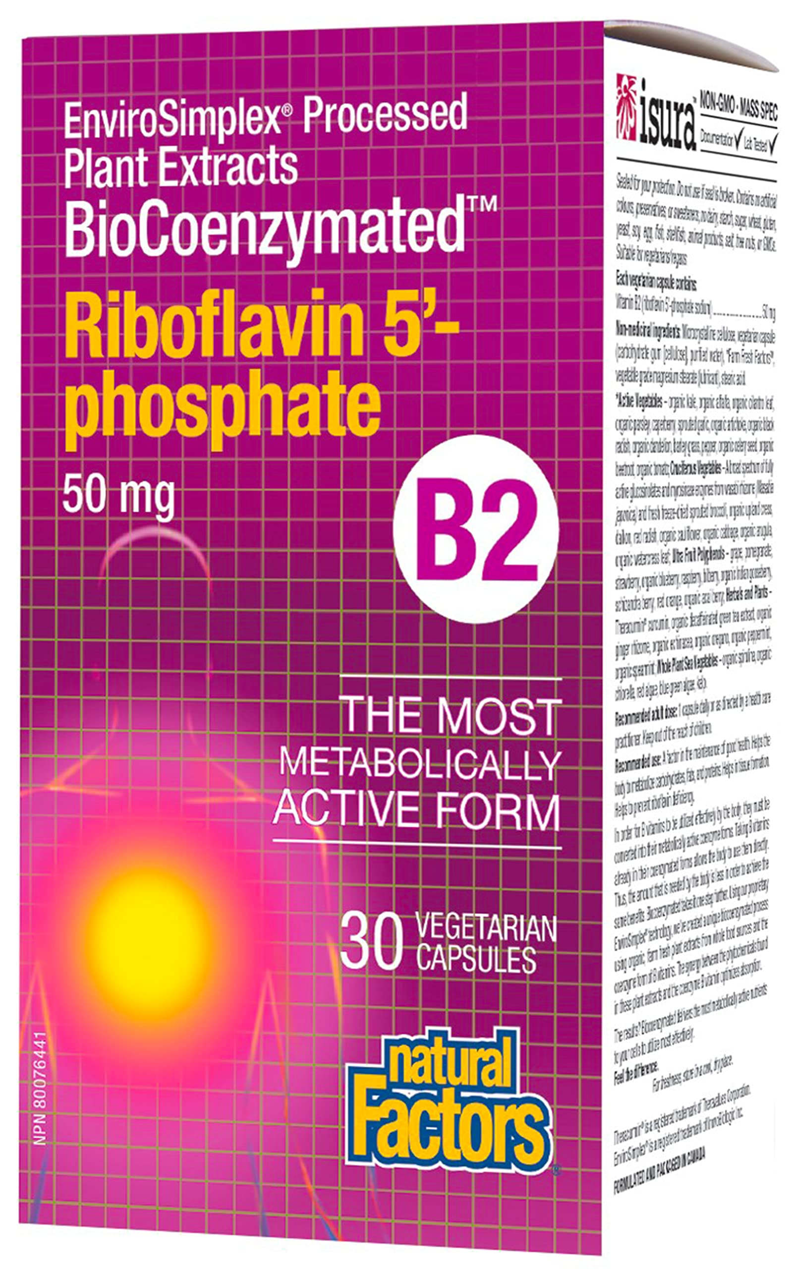 Natural Factors Riboflavine-5'-phosphate bio-coenzymatée 50 mg, emballage pratique pour routine quotidienne