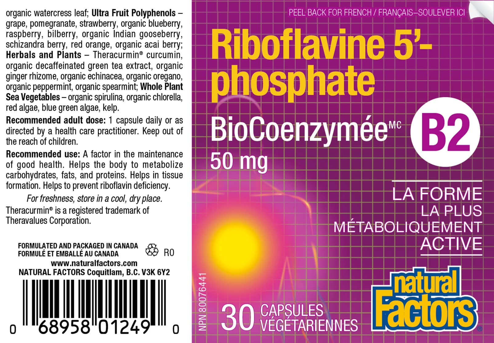 Natural Factors Riboflavine-5'-phosphate 50 mg, ingrédients de qualité et transparence