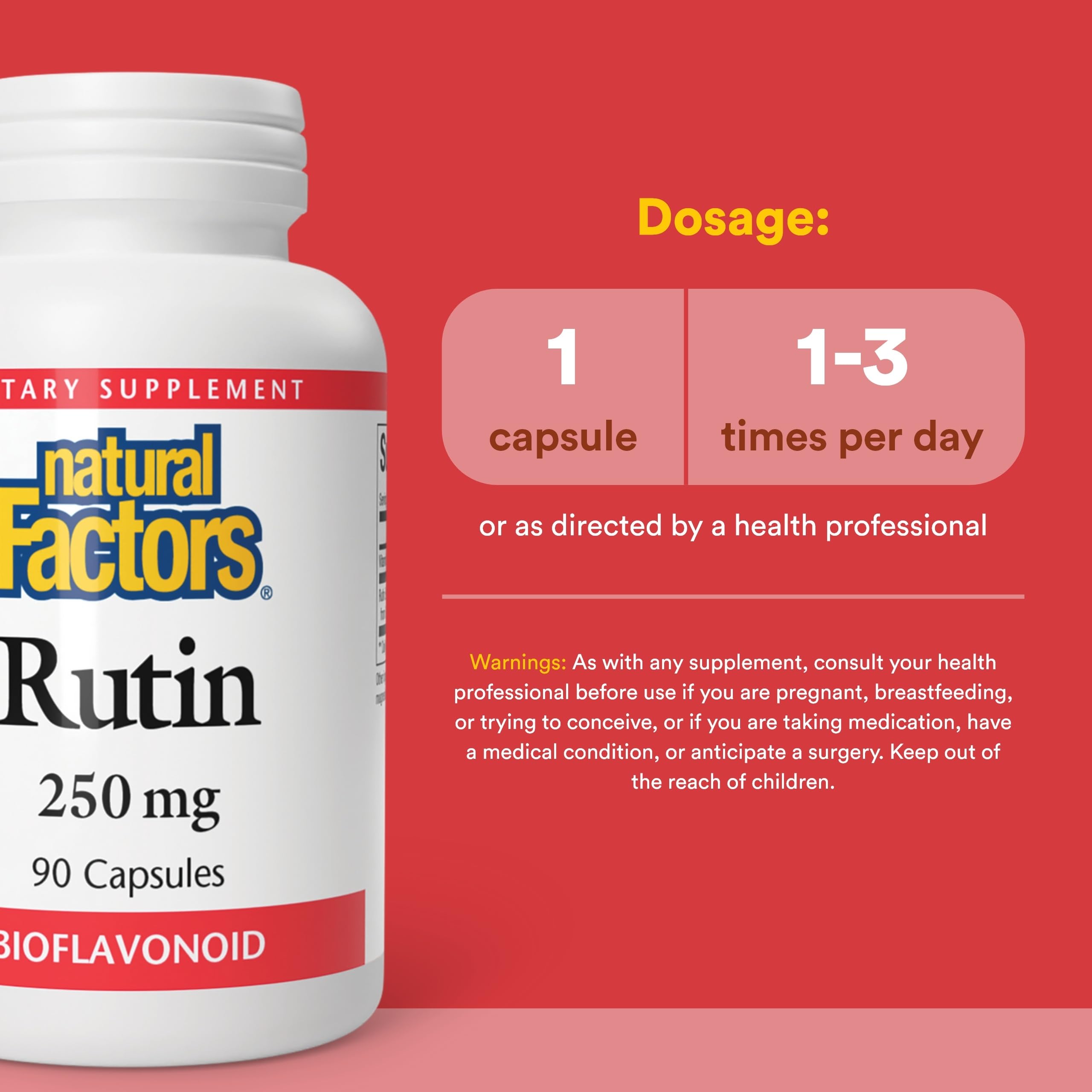 Natural Factors Rutin étiquette, texte clair facilitant la compréhension des ingrédients.