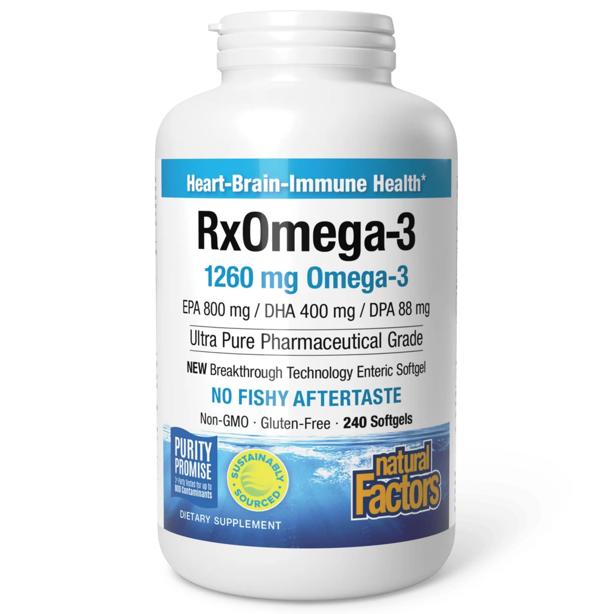 Natural Factors RxOmega-3 – bouteille visible, soutien potentiel du cœur et de la circulation.