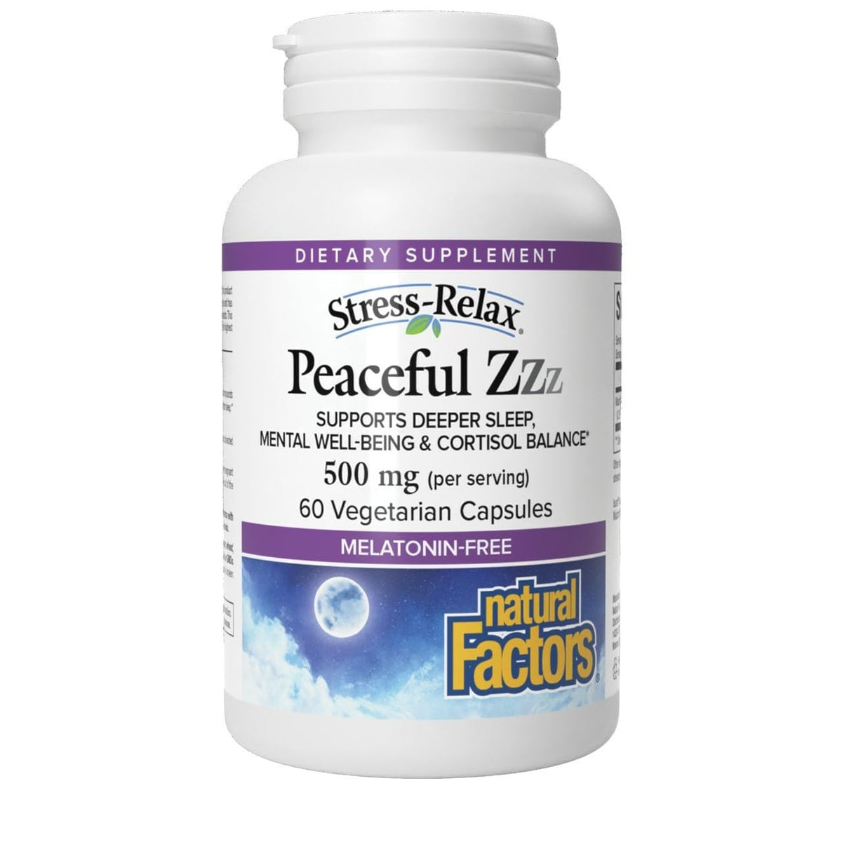 Natural Factors Stress-Relax Peaceful Sleep - bouteille de gélules végétariennes favorisant un sommeil apaisé.