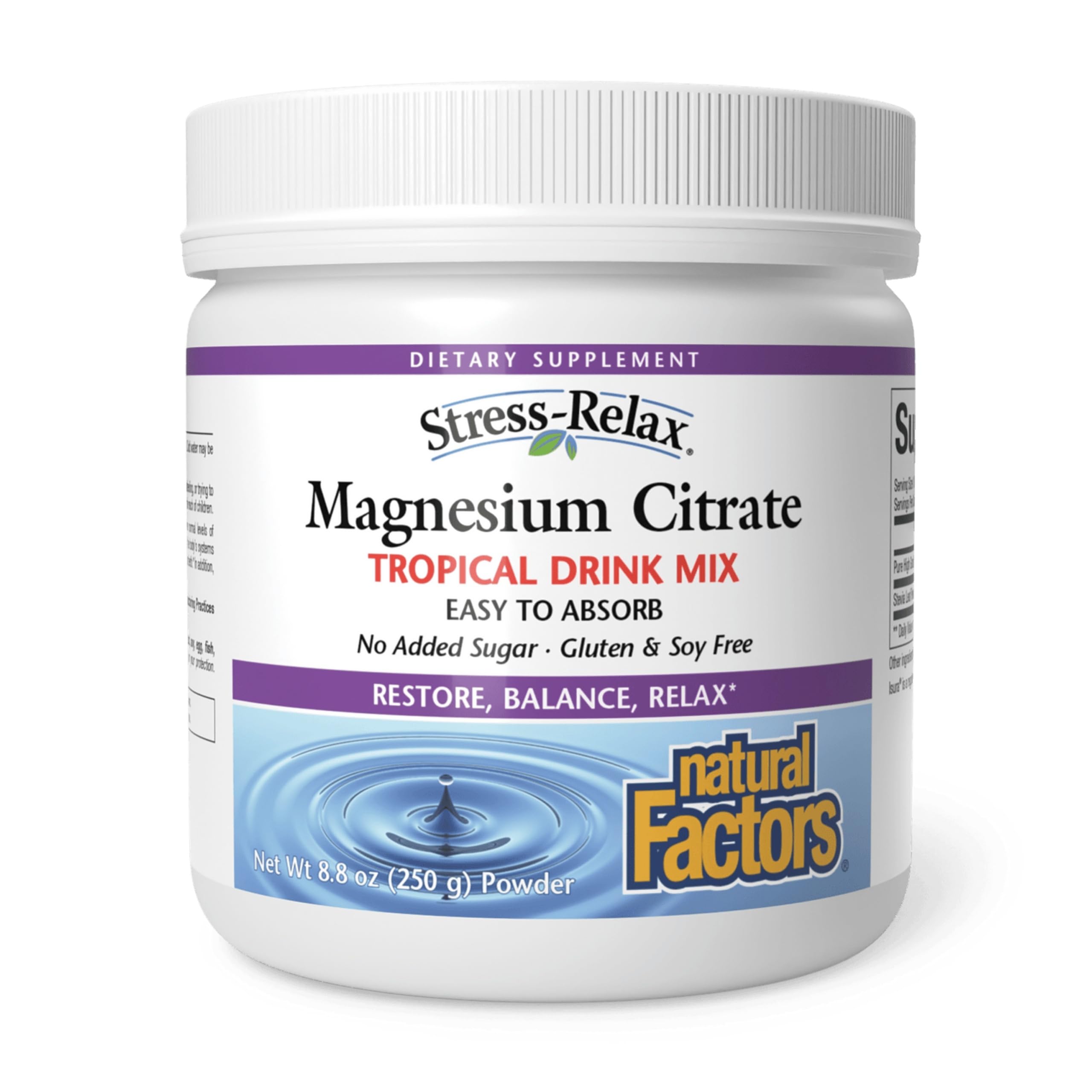 Stress-Relax Natural Factors, sachet magnésium citrate prêt à dissoudre pour détente nocturne.