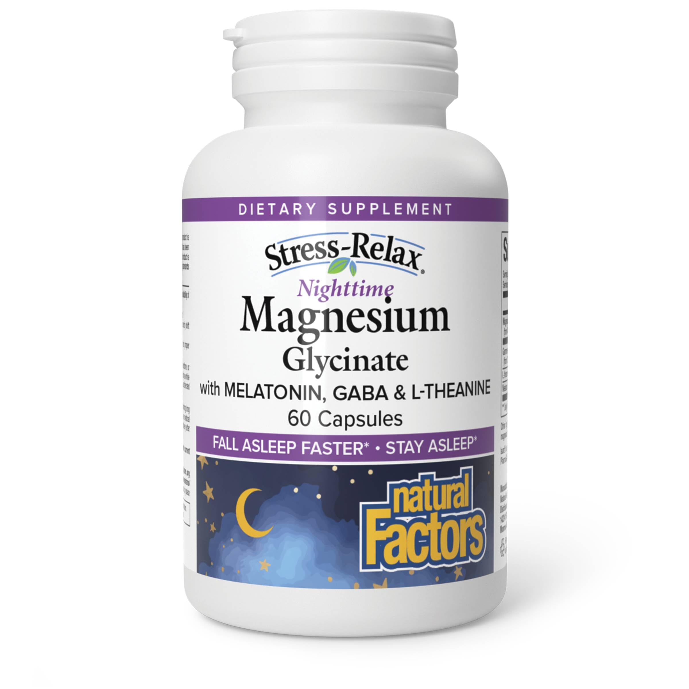 Natural Factors Stress-Relax Magnésium Glycinate, bouteille, aide à la détente nocturne et au sommeil plus calme.