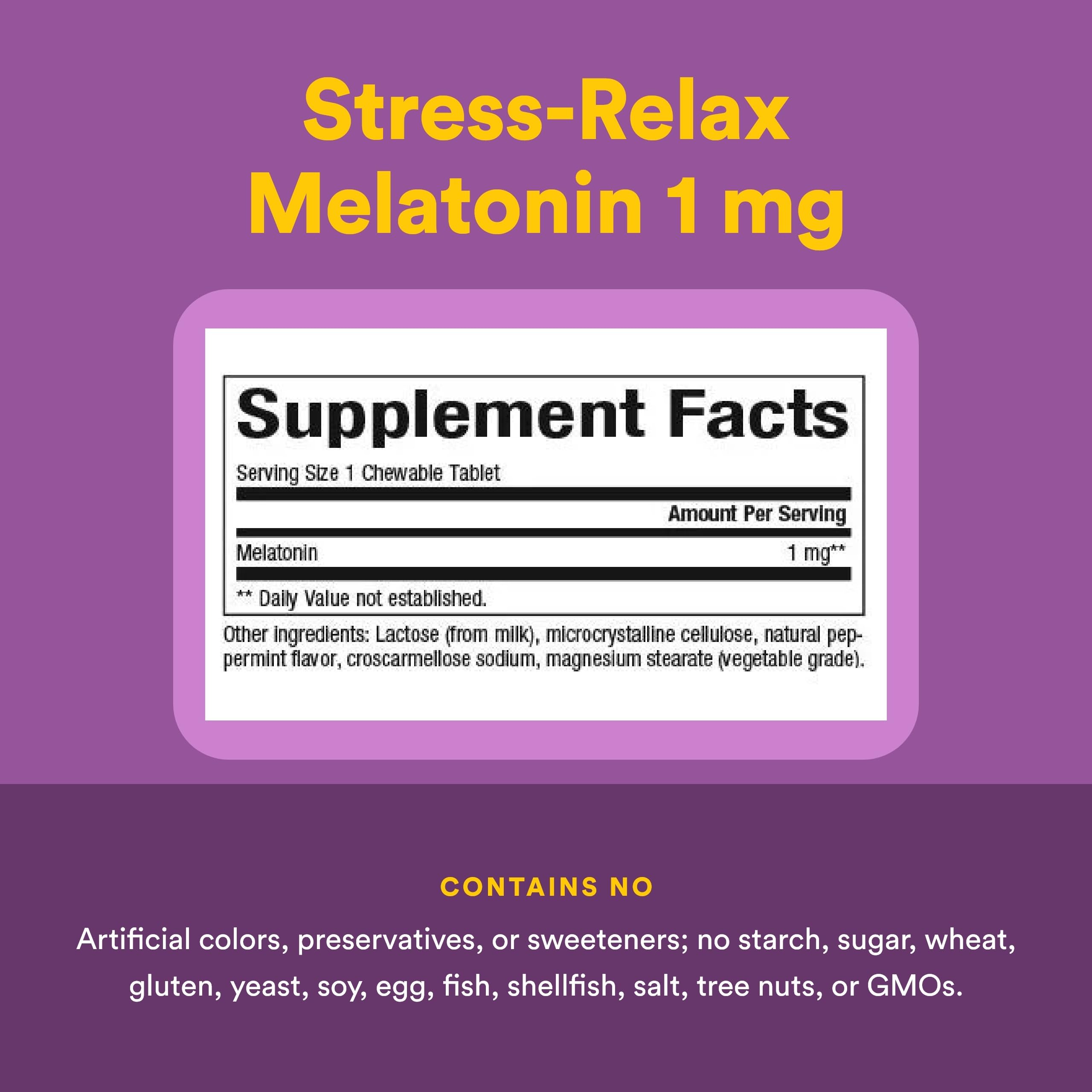 Natural Factors Stress-Relax Melatonine 1 mg – arôme menthe rafraîchissant pour favoriser la détente.
