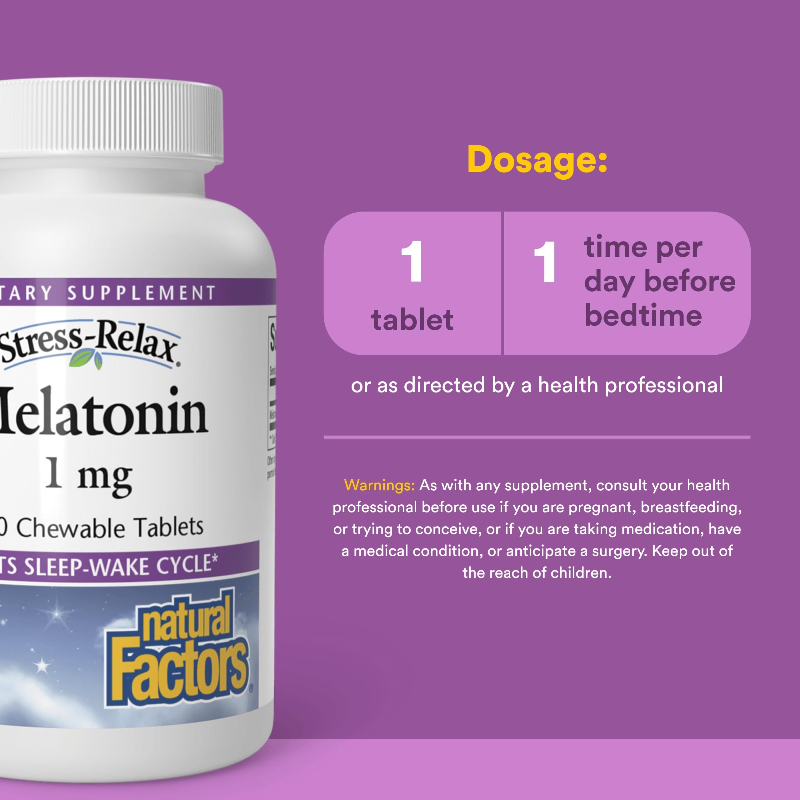 Natural Factors Stress-Relax Melatonine 1 mg – tablette mâcheable menthe utile avant le coucher.