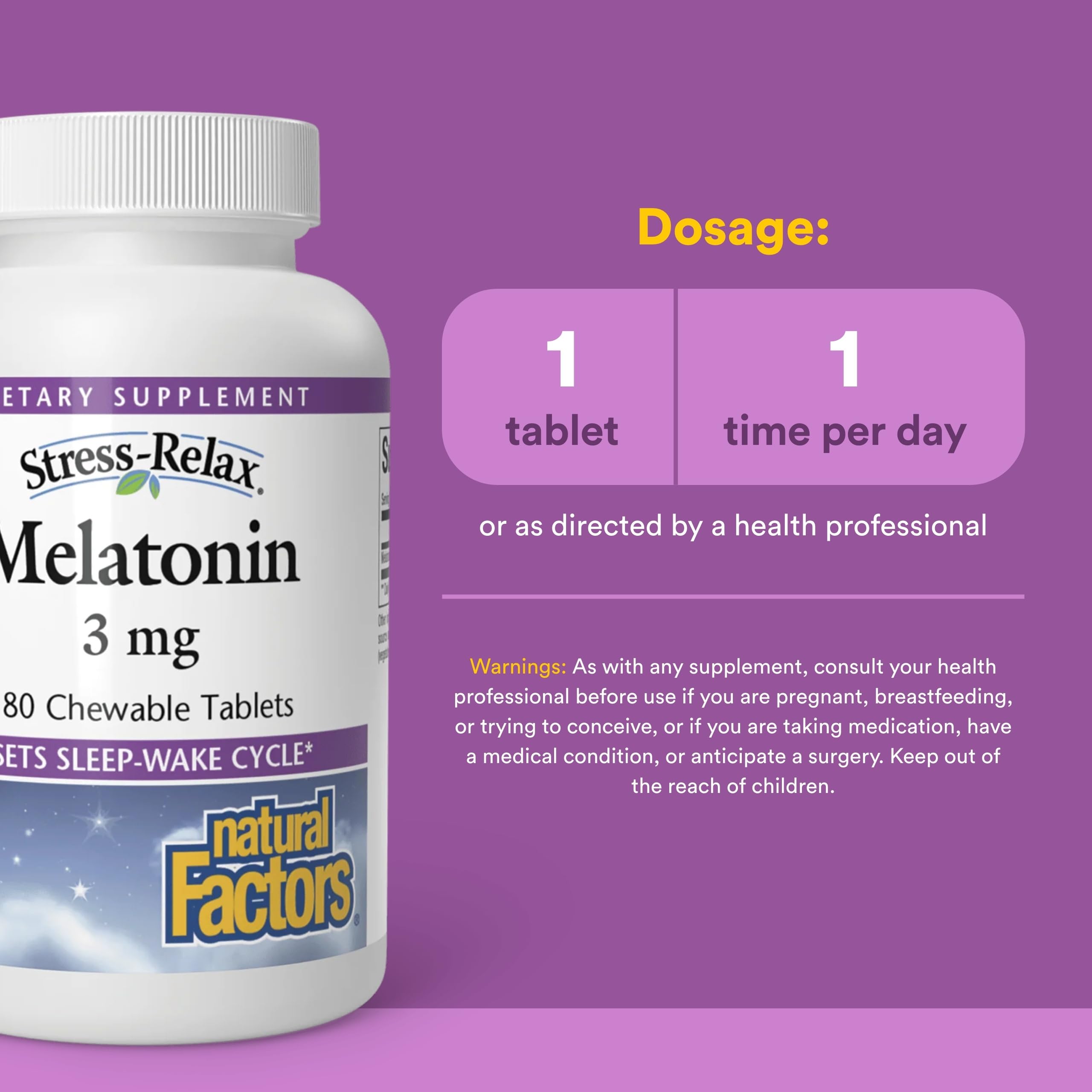 Natural Factors Stress-Relax Mélatonine usage avant-dodo—facilite la transition vers le sommeil.