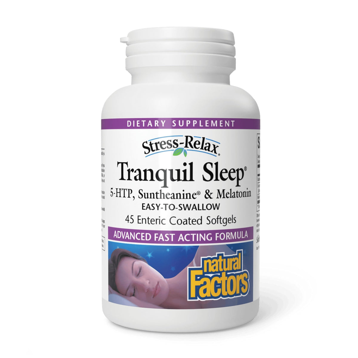 Natural Factors Stress-Relax Tranquil Sleep - bouteille sur table de nuit, détente nocturne potentielle.