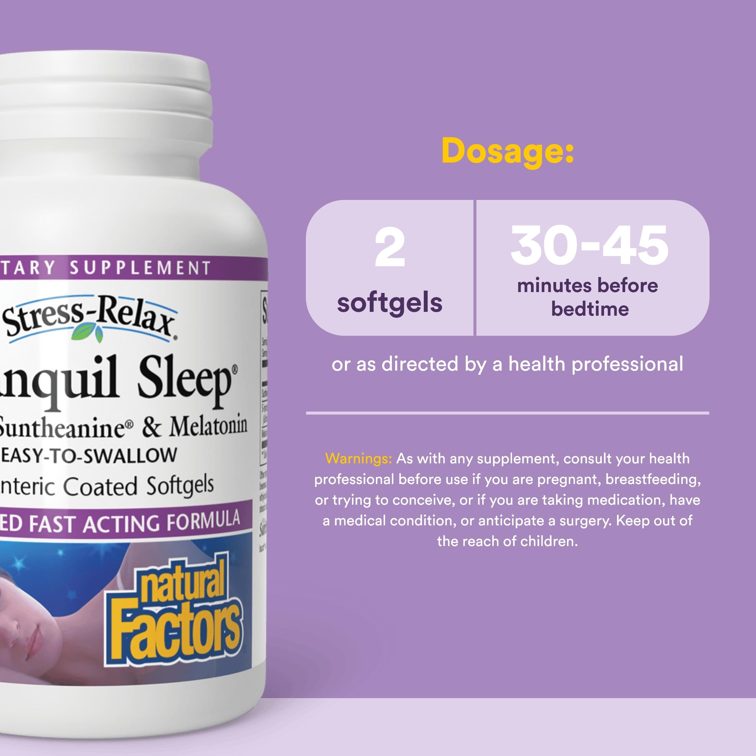 Natural Factors Stress-Relax Tranquil Sleep - etiquette affichant les ingrédients et le dosage.