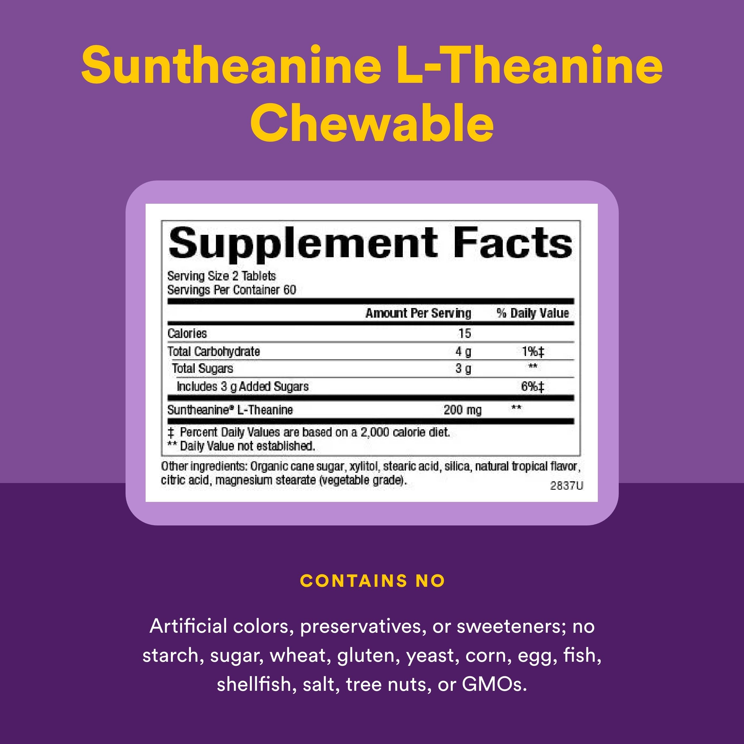 Natural Factors Suntheanine gros plan sur une tablette, douceur et arôme discret.