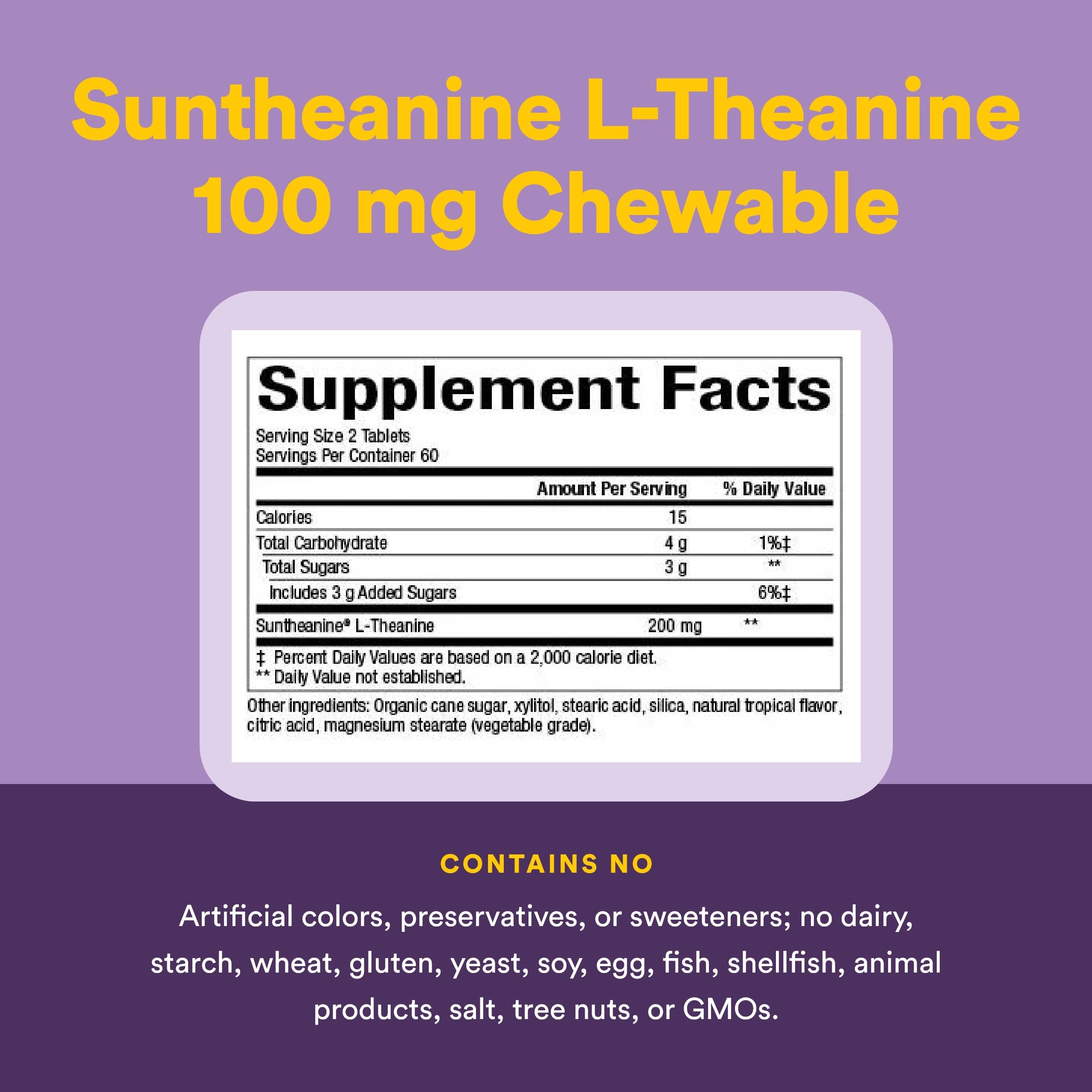 Étiquette Suntheanine – dosage 100 mg par comprimé, utilisation simple