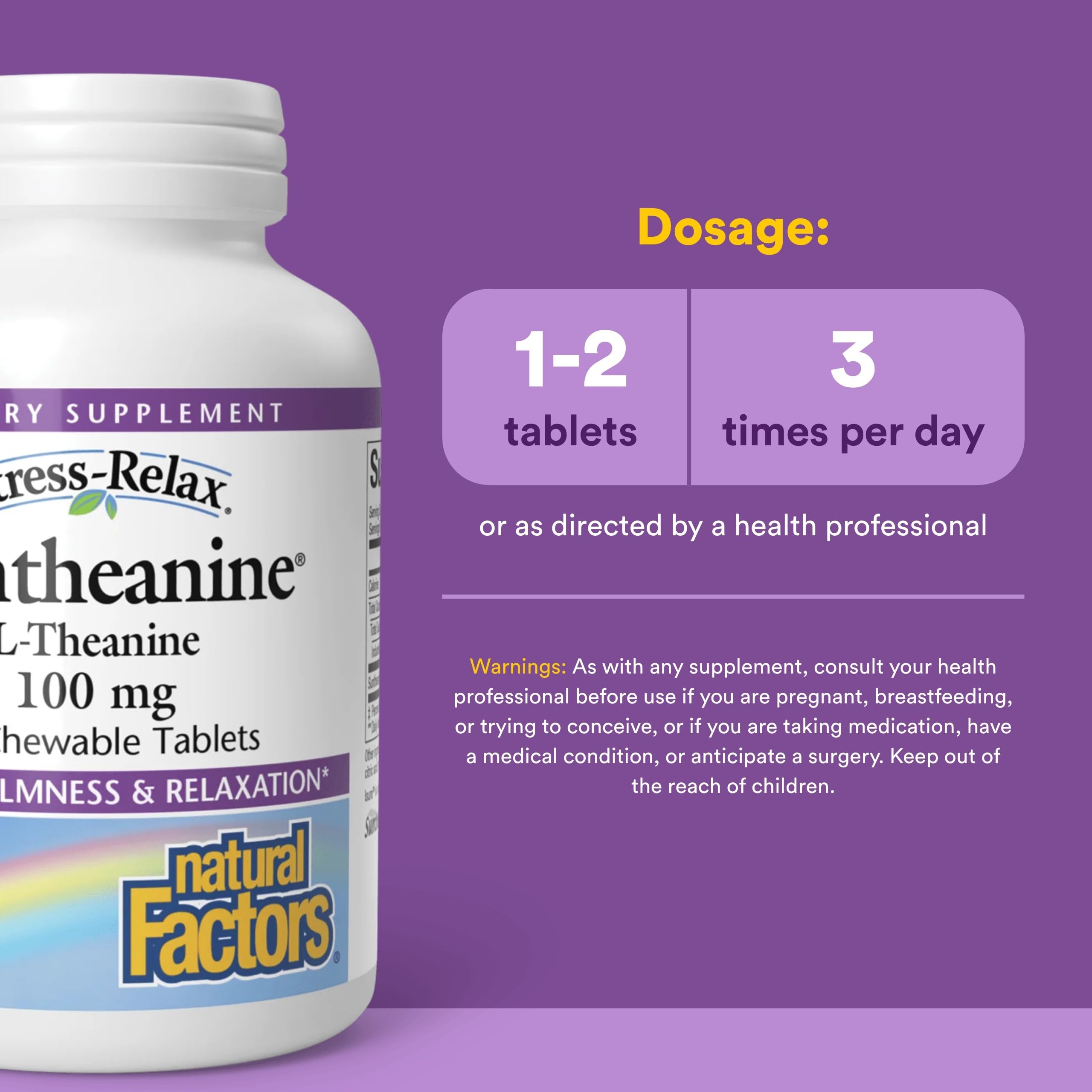 Natural Factors Suntheanine tablettes dans un gobelet, pratique en déplacement.