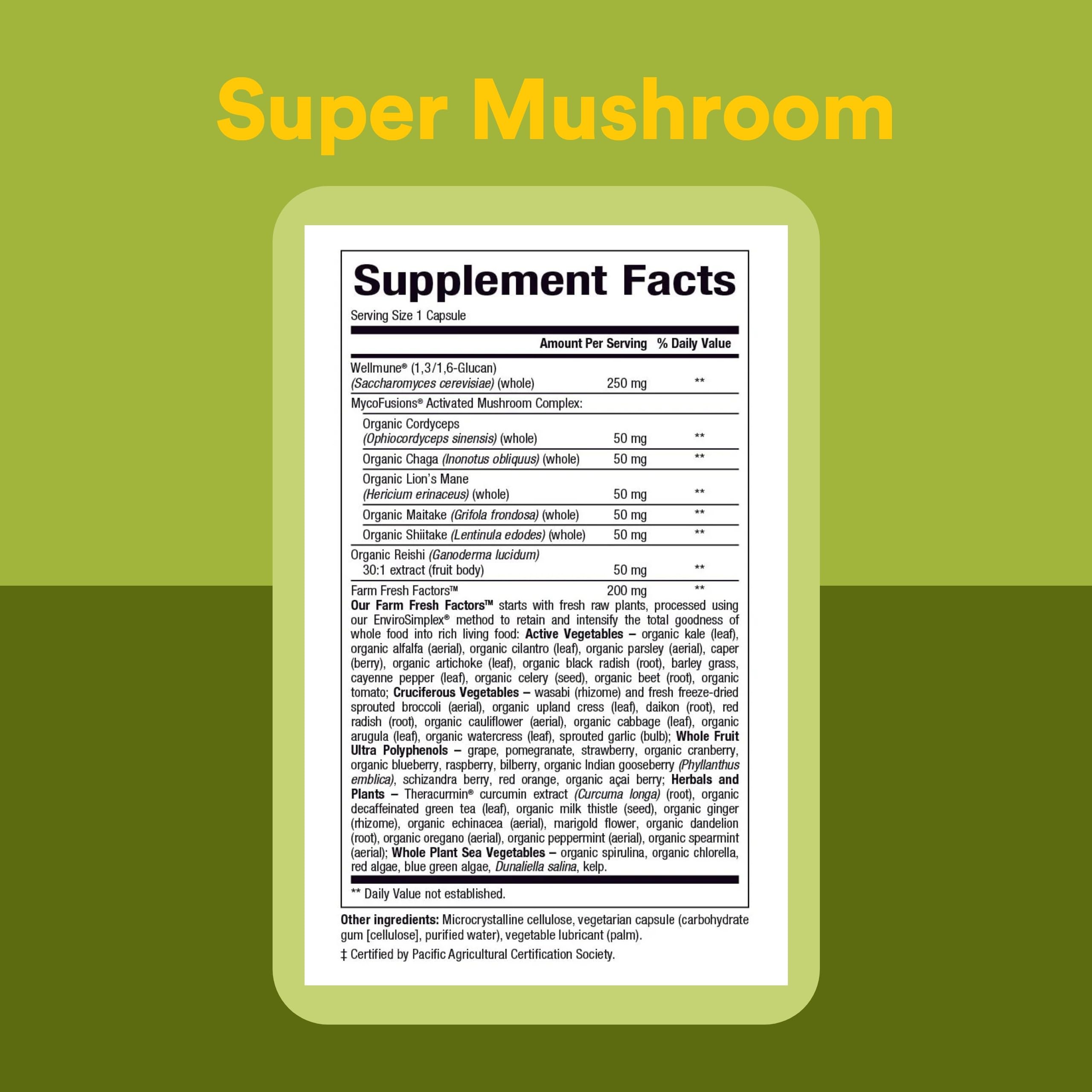 Natural Factors Super Mushroom – tableau-bienfaits: aperçu des usages potentiels pour immunité et concentration.