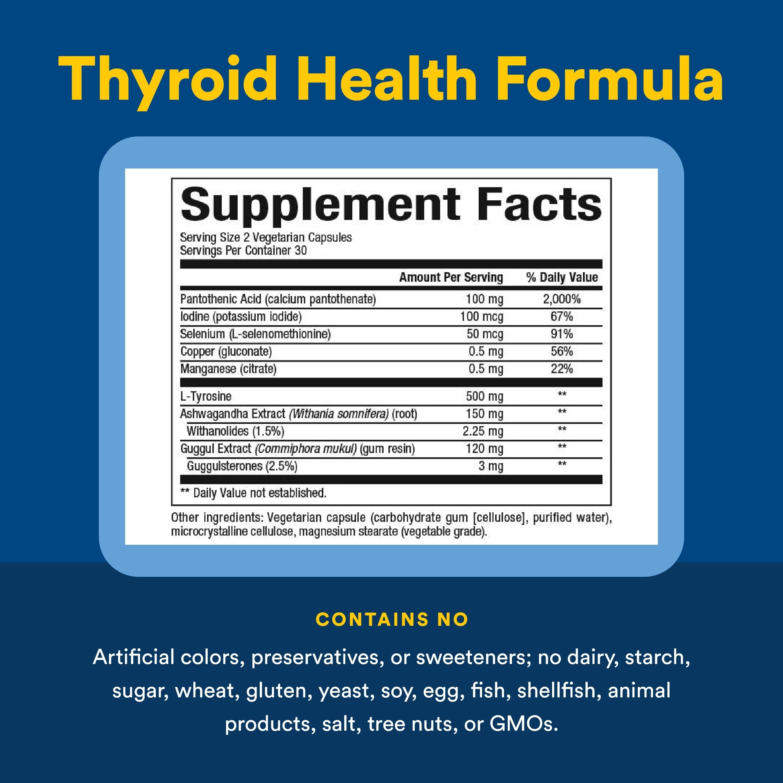 Emballage Natural Factors Thyroid Health Formula, design clair et informations utiles.