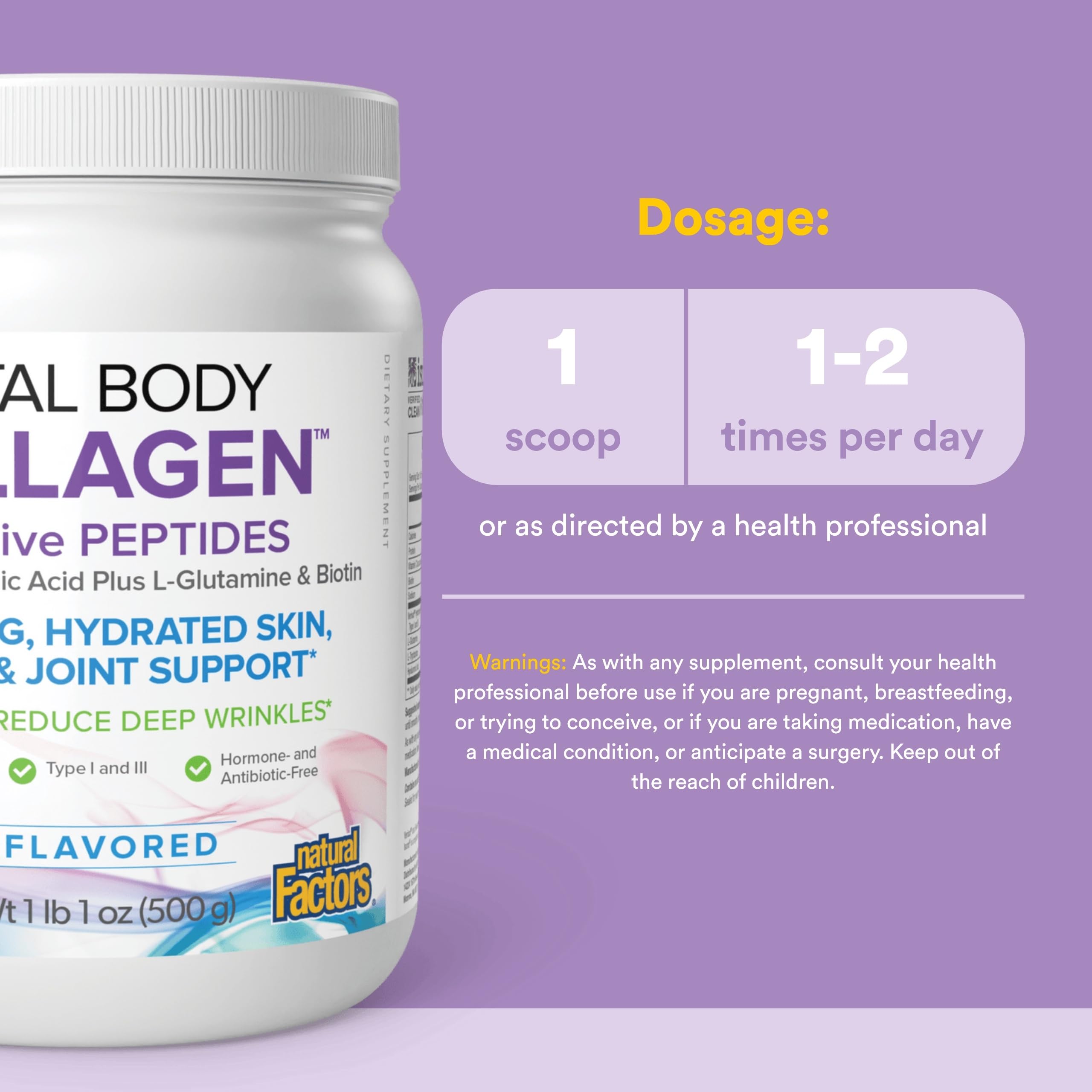 Natural Factors Total Body Collagen: étiquette Verisol illustrant les peptides bioactifs.