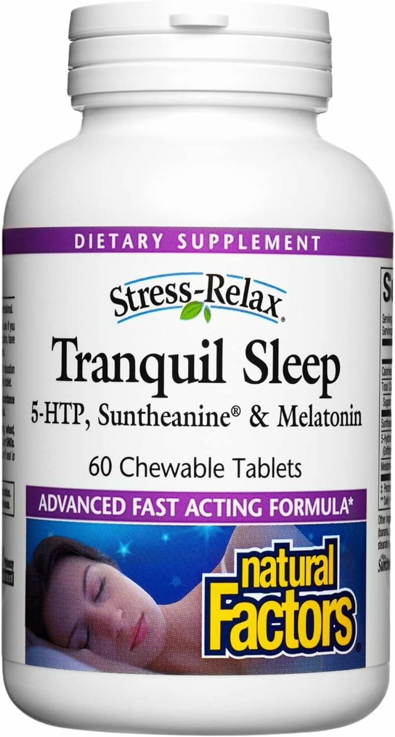 Natural Factors Tranquil Sleep : boîte et emballage, routine nocturne apaisante.