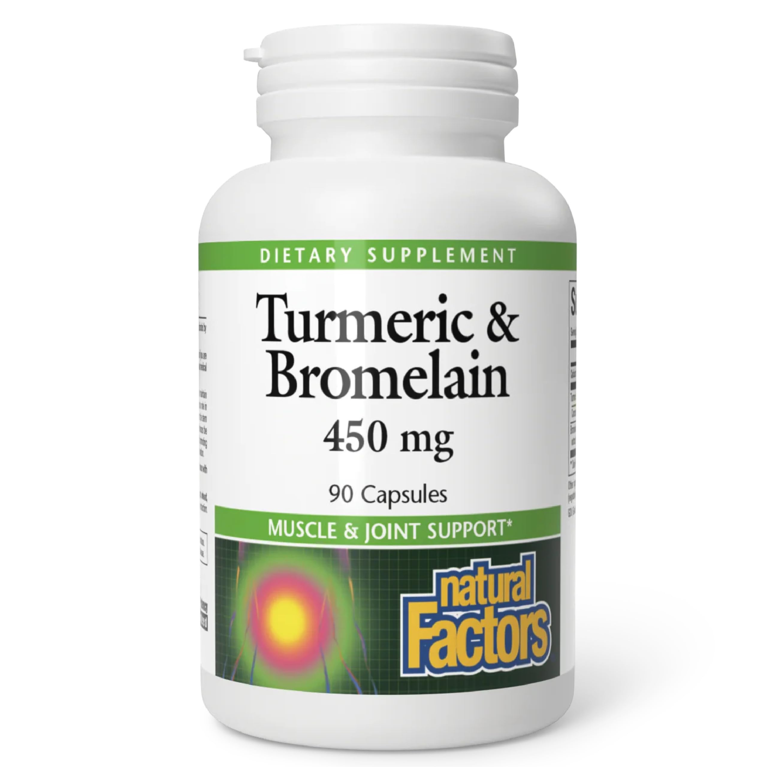 Natural Factors Turmeric Bromélaïne 450 mg, capsule — soutient potentiellement la mobilité musculaire.