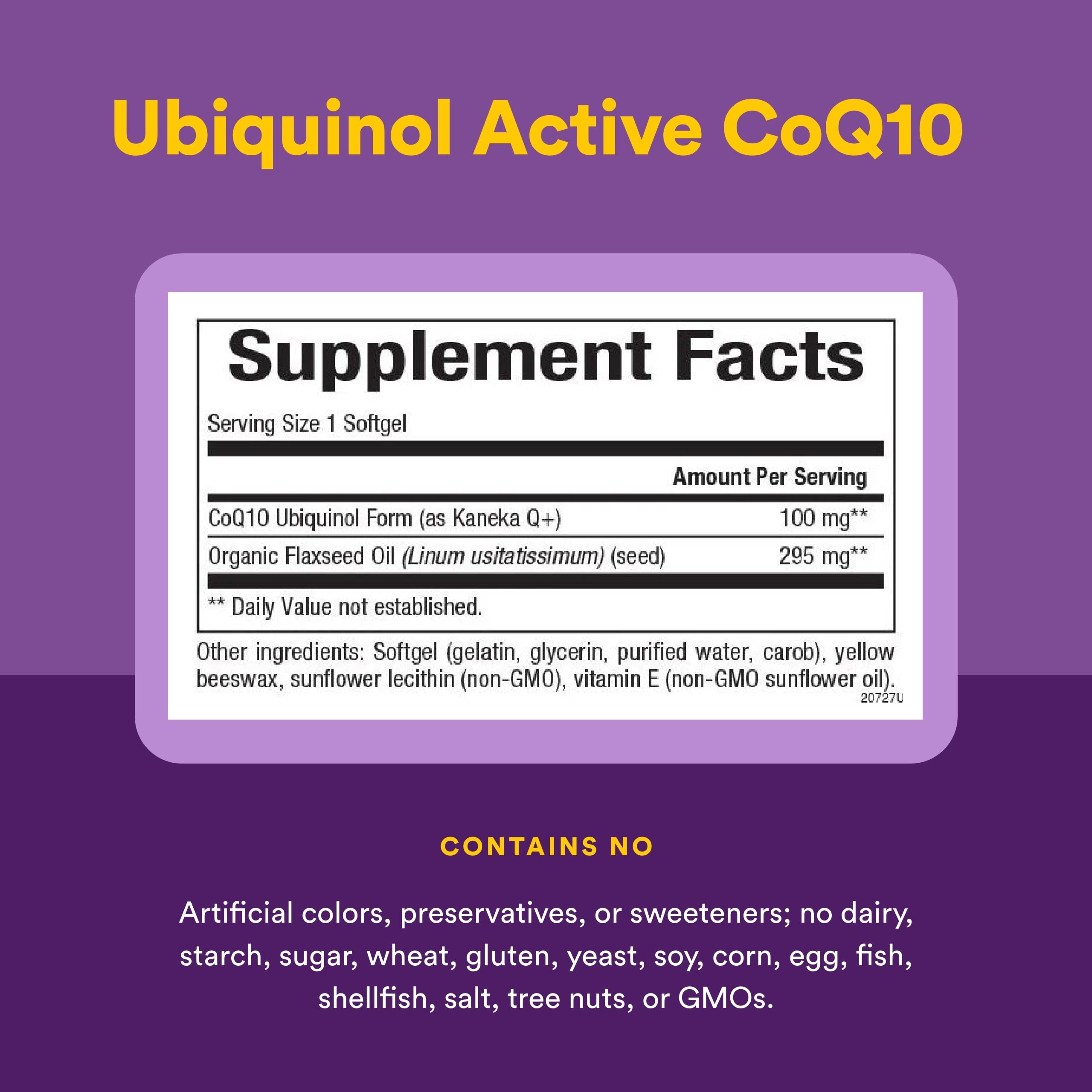 Natural Factors ubiquinol 100 mg — huile de graines de lin intégrée pour biodisponibilité.