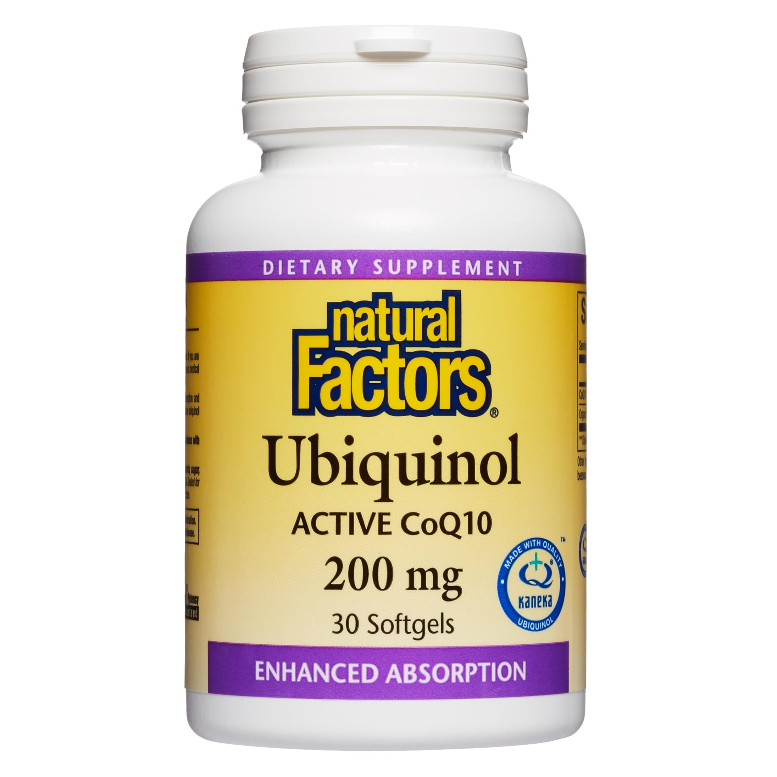 Natural Factors Ubiquinol 200 mg – bouteille sur fond blanc pour énergie potentielle.