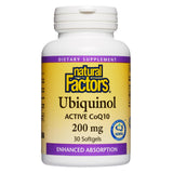 Natural Factors Ubiquinol 200 mg – bouteille sur fond blanc pour énergie potentielle.
