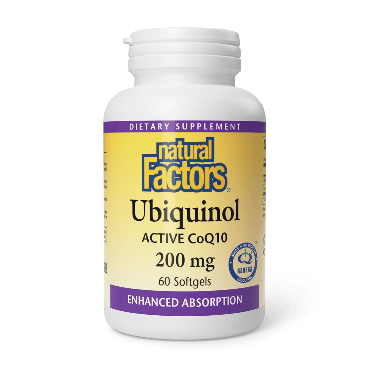Natural Factors Ubiquinol 200 mg, bouteille de capsules molles, soutien énergie et antioxydant.