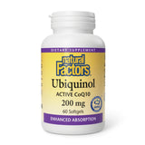 Natural Factors Ubiquinol 200 mg, bouteille de capsules molles, soutien énergie et antioxydant.