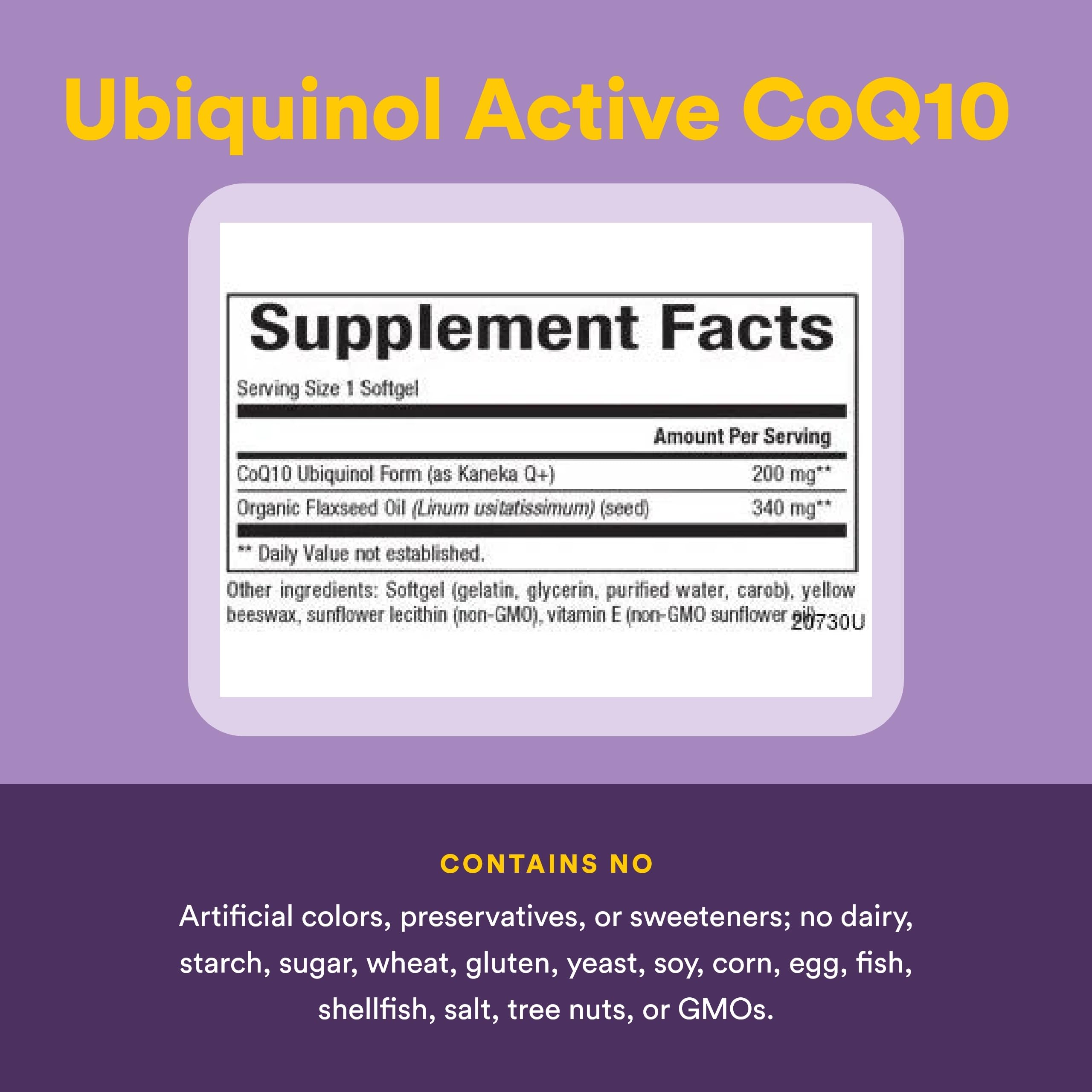 Natural Factors Ubiquinol 200 mg avec huile de lin biologique pour une absorption optimisée.