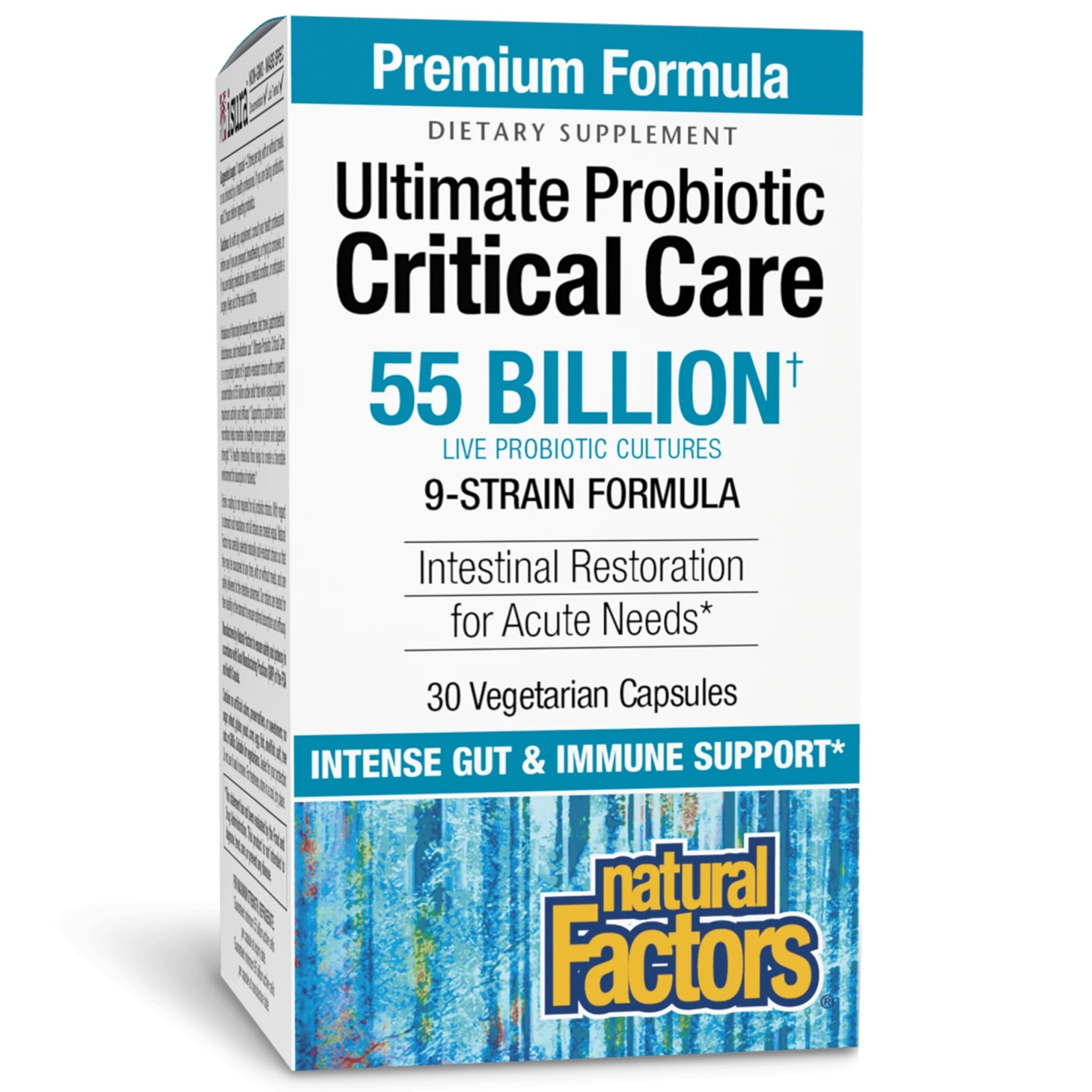 Natural Factors Ultimate Probiotic Critical Care – bouteille visible, soutien intestinal potentiel.