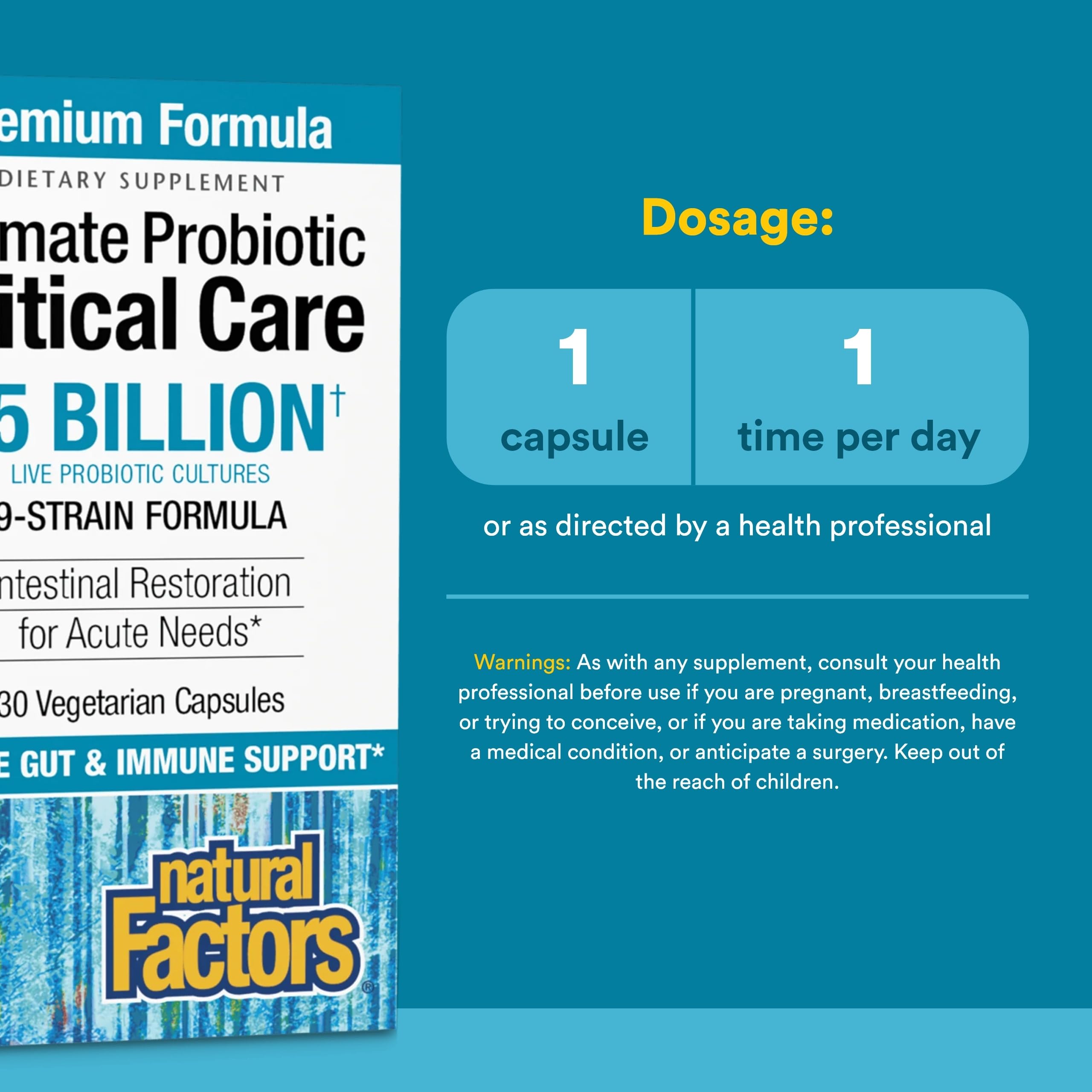 Natural Factors Ultimate Probiotic Critical Care – gélules pratiques pour soutenir la digestion.