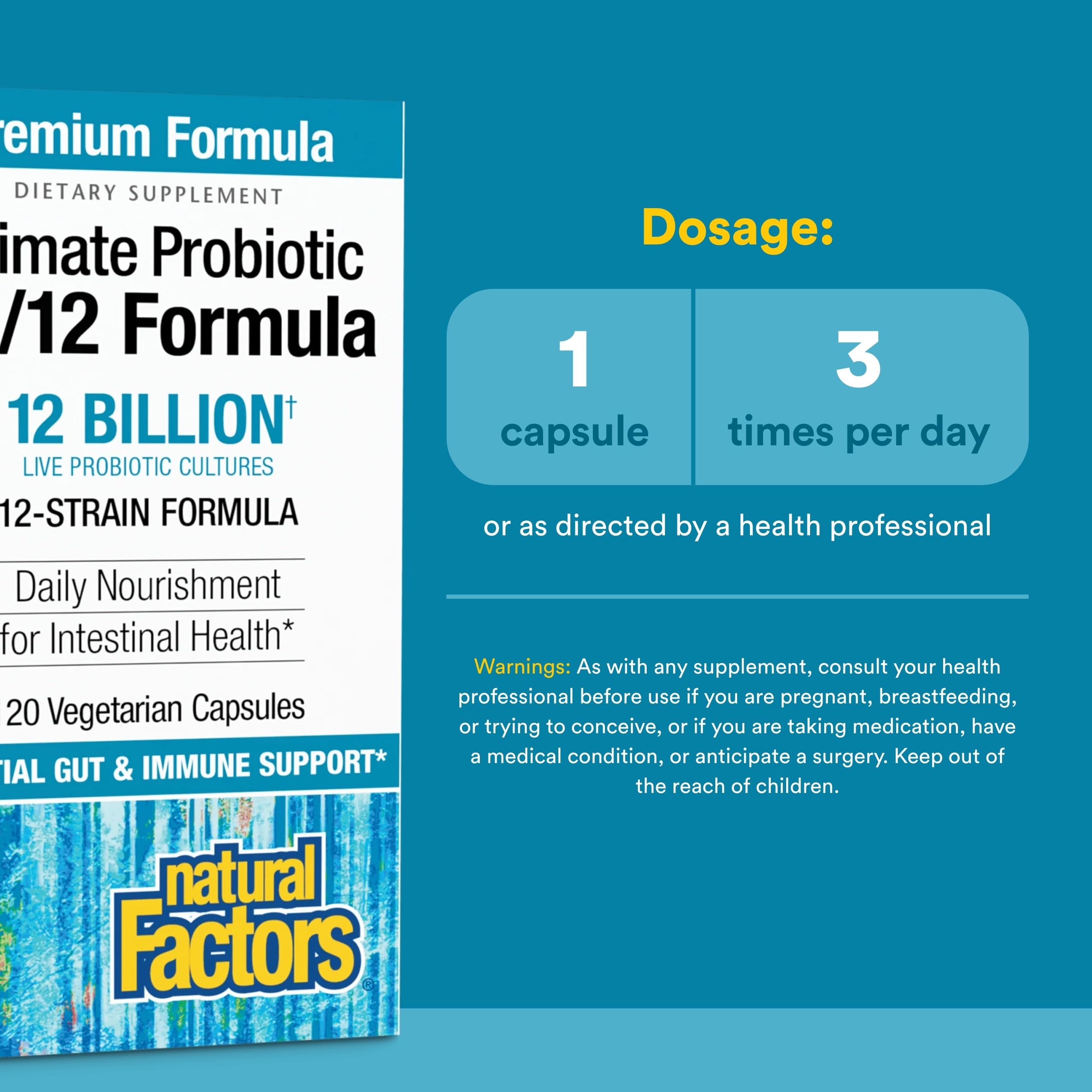 Étiquette du Natural Factors Ultimate Probiotic avec informations et traçabilité.