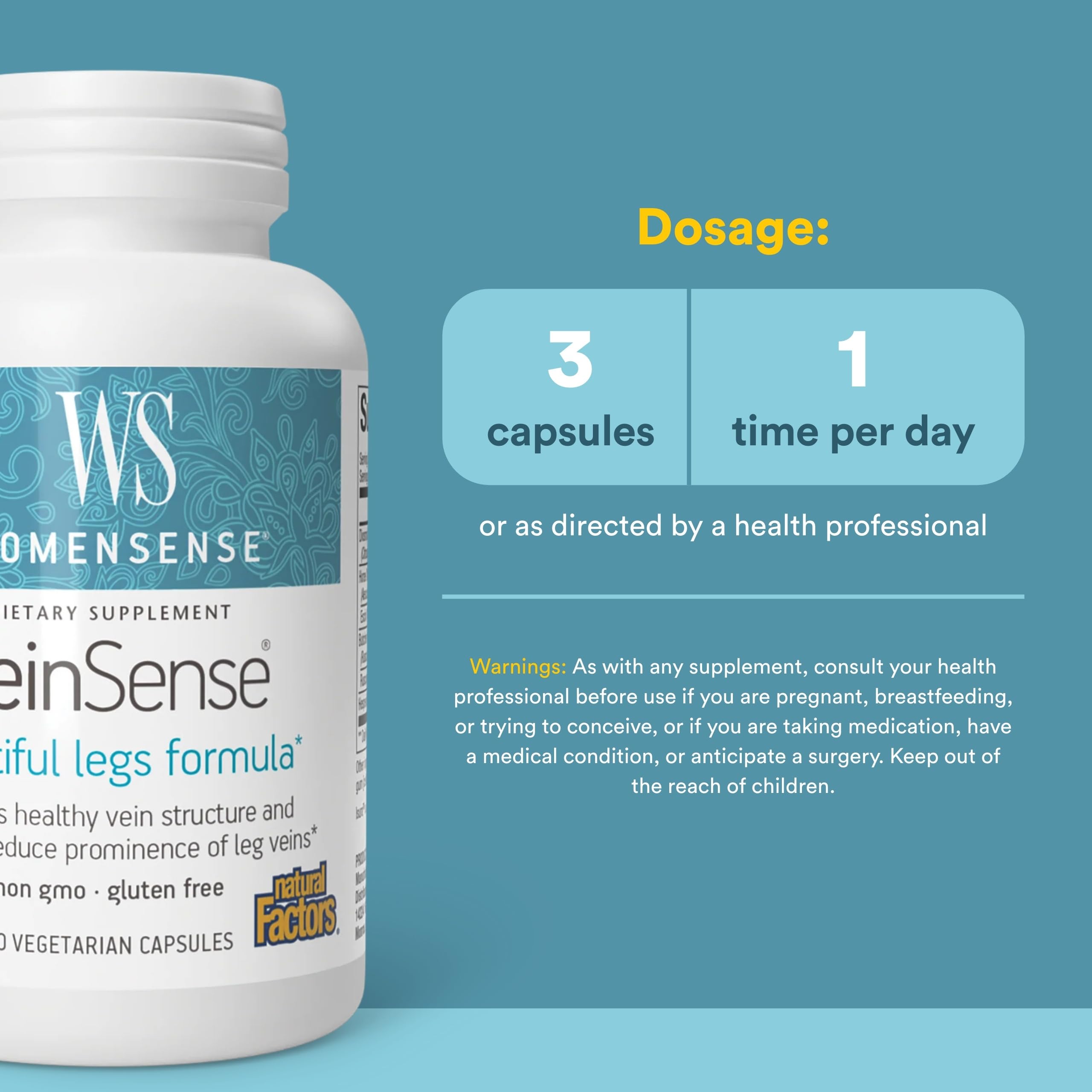 Emballage VeinSense Natural Factors, présentation claire pour une utilisation informée.