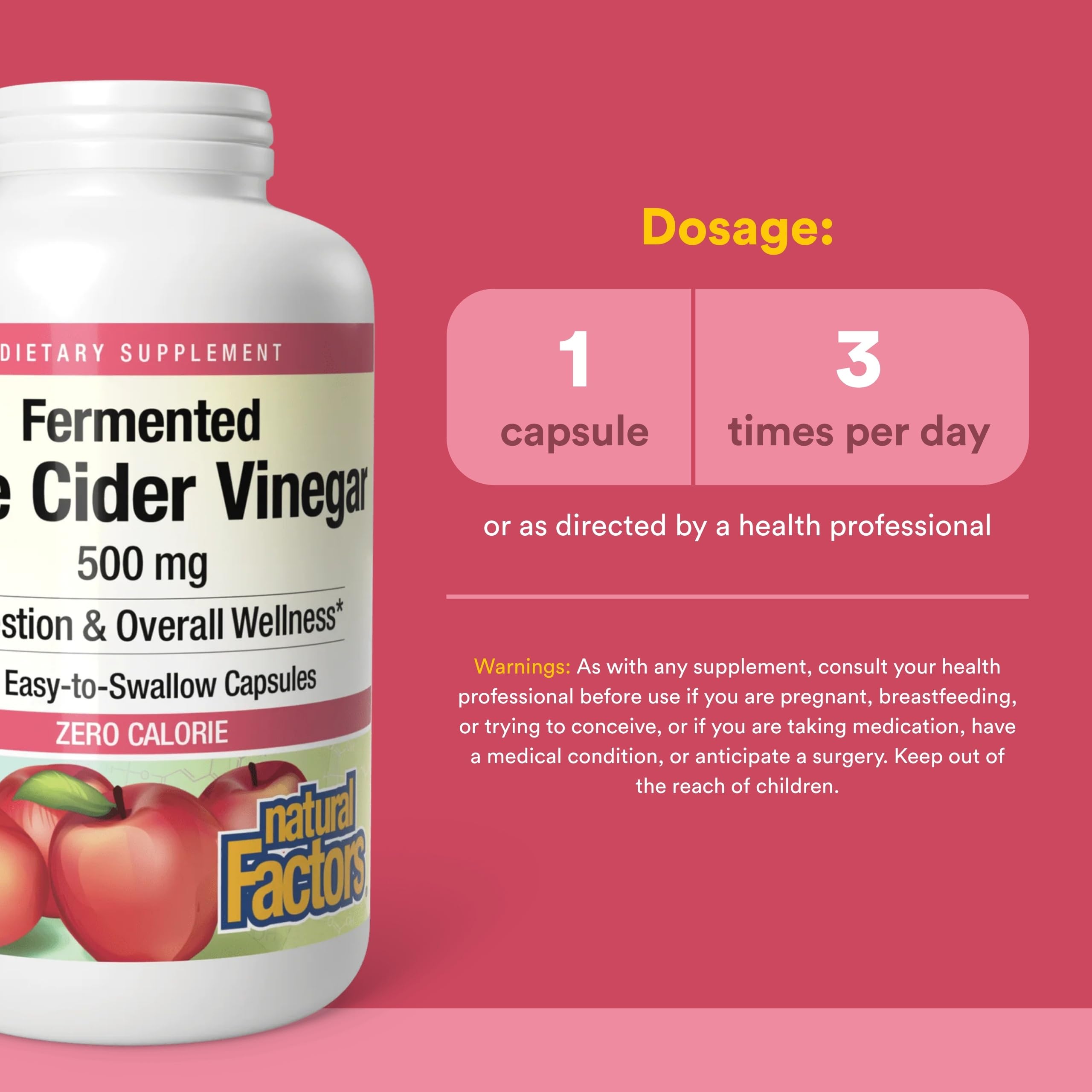 Étiquette montrant la mère du cidre, Natural Factors, pureté garantie