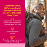 Vitamine C 1000 mg avec bioflavonoïdes citrons pour absorption améliorée.