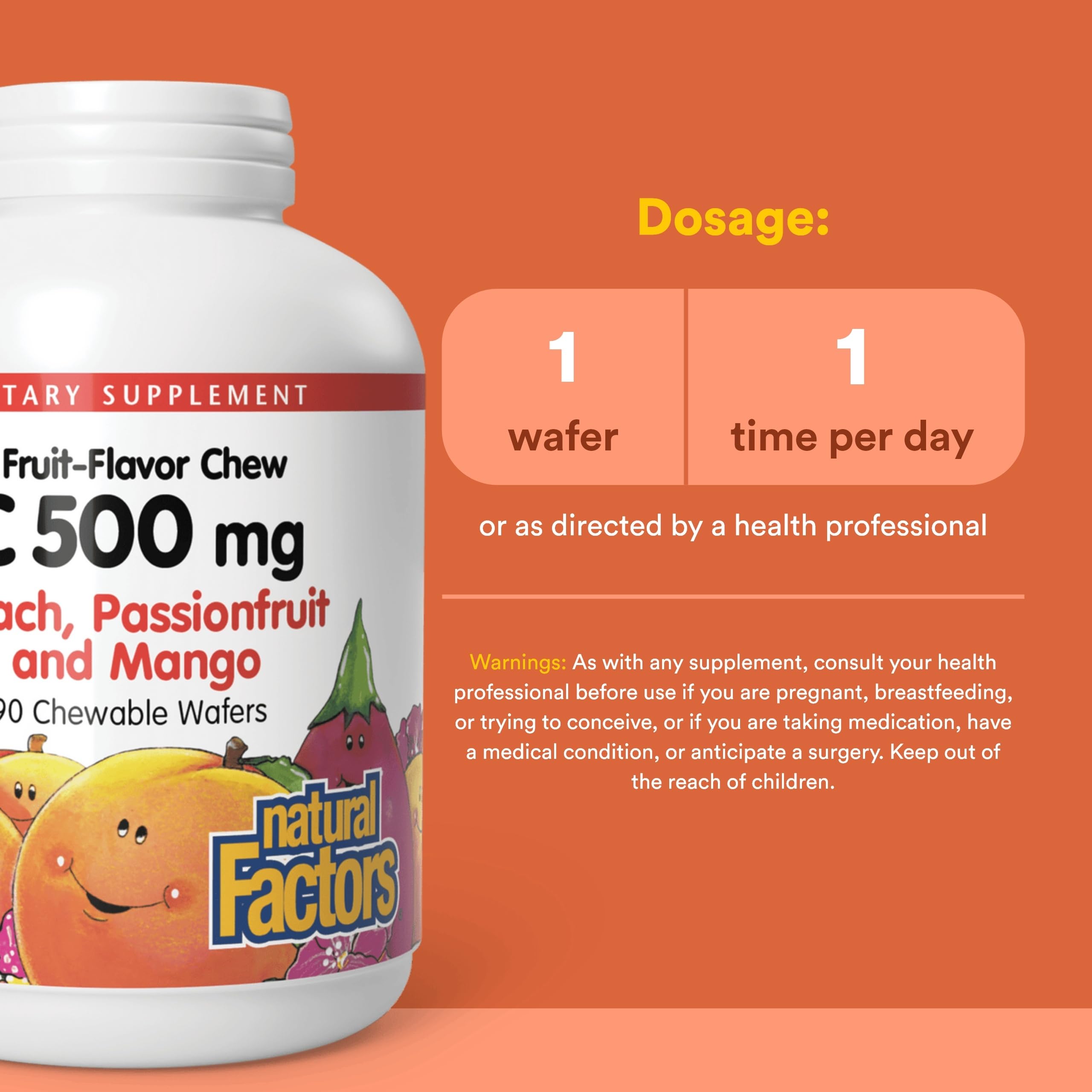 Natural Factors Vitamine C enfants, galettes fruitées et flacon.