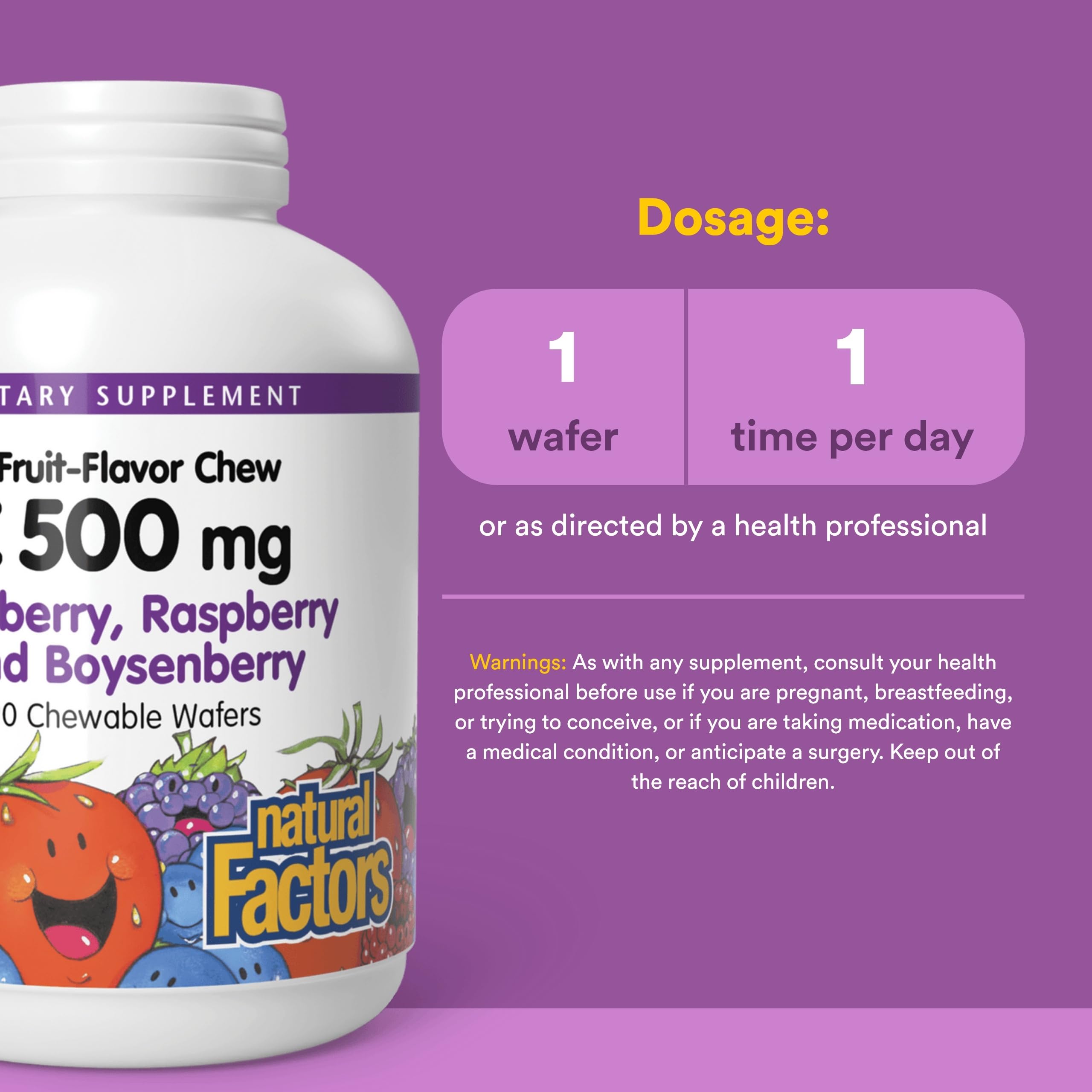 Natural Factors Vitamine C Enfants 500 mg à croquer mûres, peut soutenir l'équilibre nutritionnel.