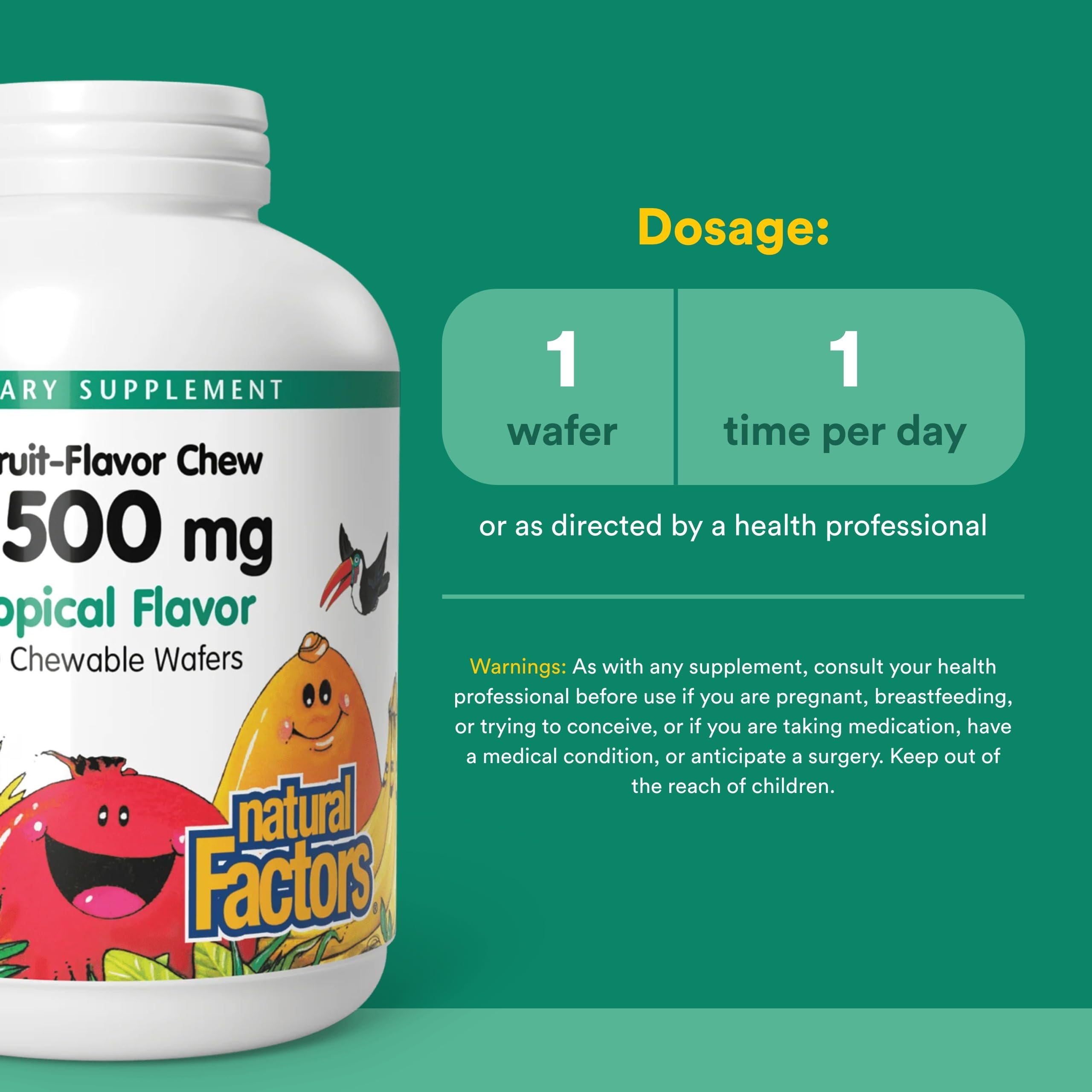Natural Factors Vitamin C pour enfants — saveur tropicale, plaisir quotidien.