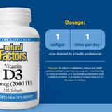 Natural Factors D3 2000 UI, étiquette claire et informative.