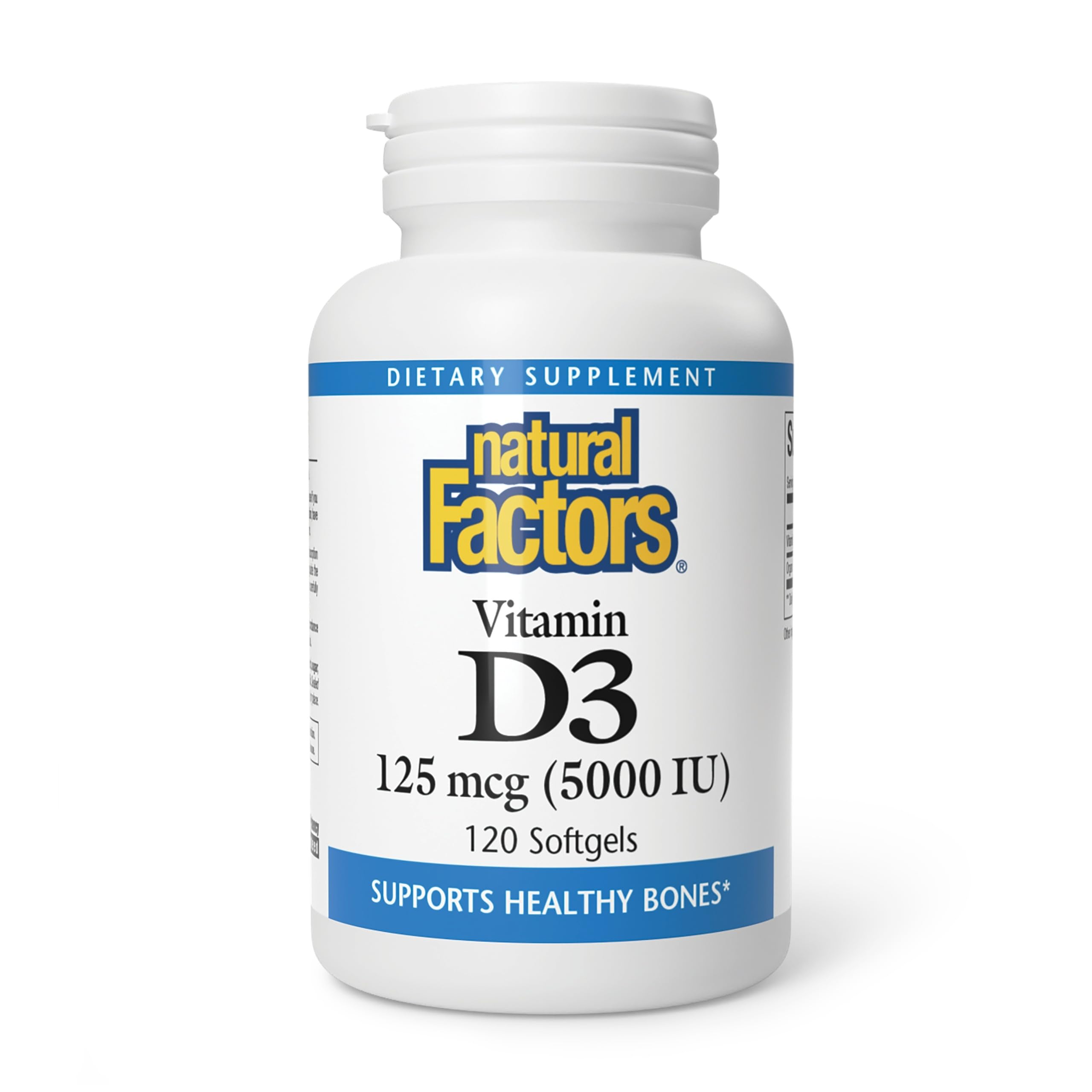 Natural Factors Vitamine D3 5000 UI, bouteille: soutien potentiel des os et des dents.