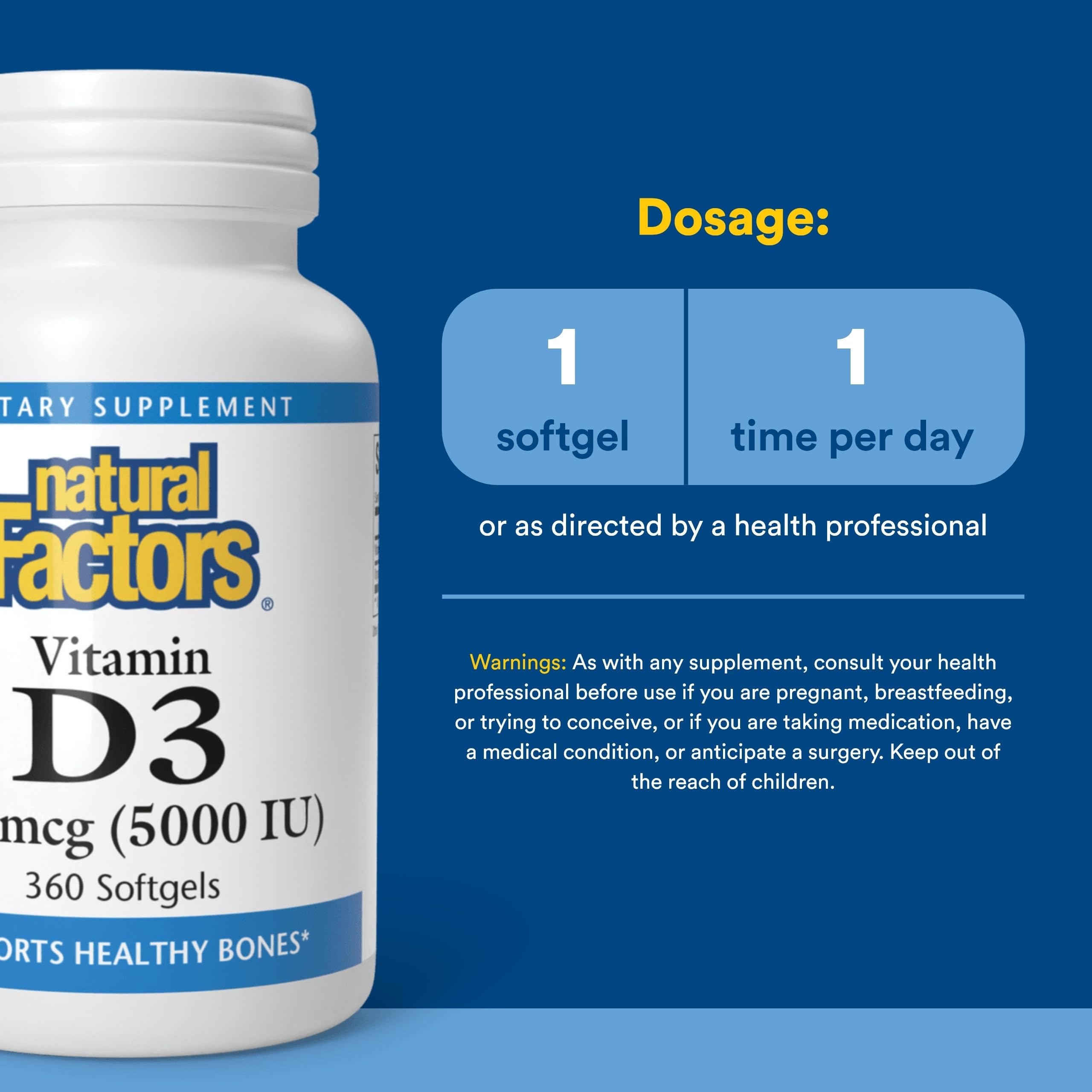 Natural Factors vitamine D3 5000 UI — étiquette claire et emballage certifié