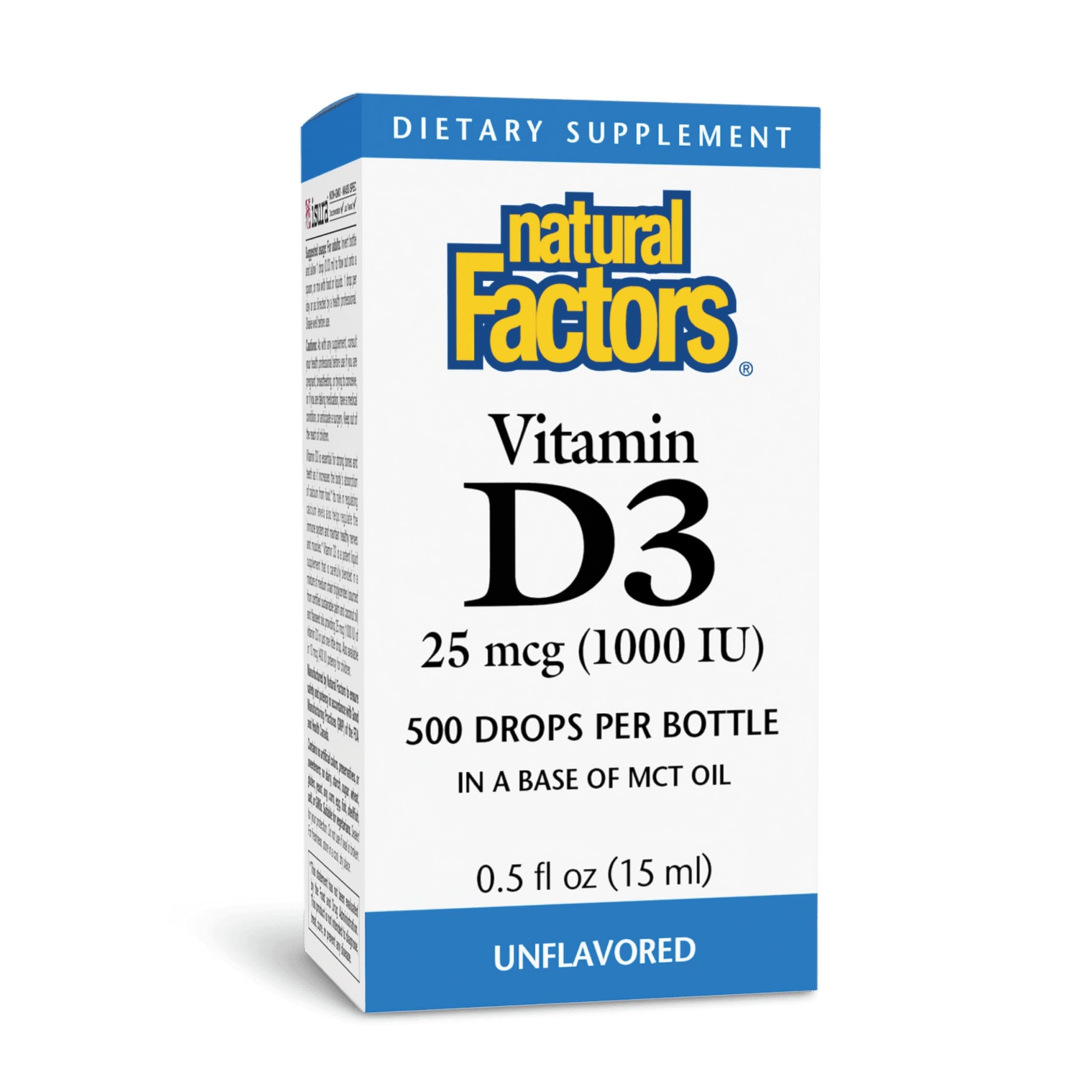 Natural Factors vitamine D3 gouttes, flacon, soutien des os et immunité.