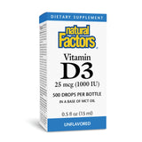 Natural Factors vitamine D3 gouttes, flacon, soutien des os et immunité.
