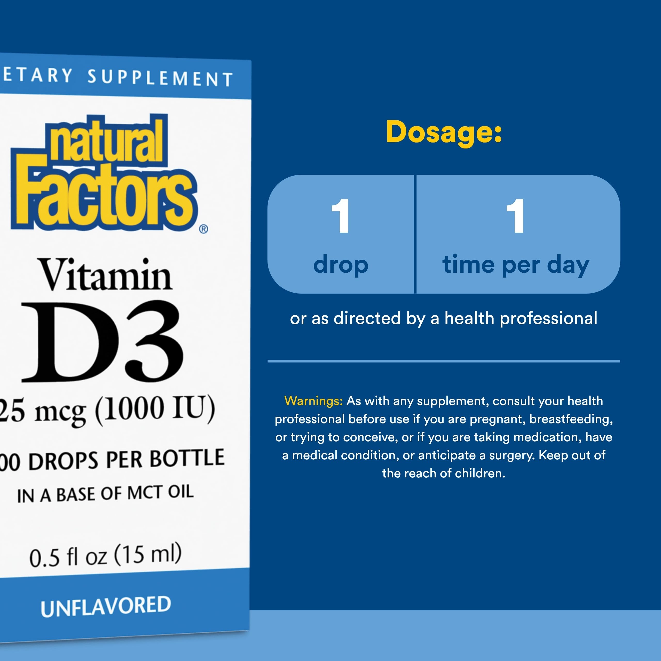 Gouttes D3 Natural Factors sur nourriture ou boisson, utilisation quotidienne pratique.